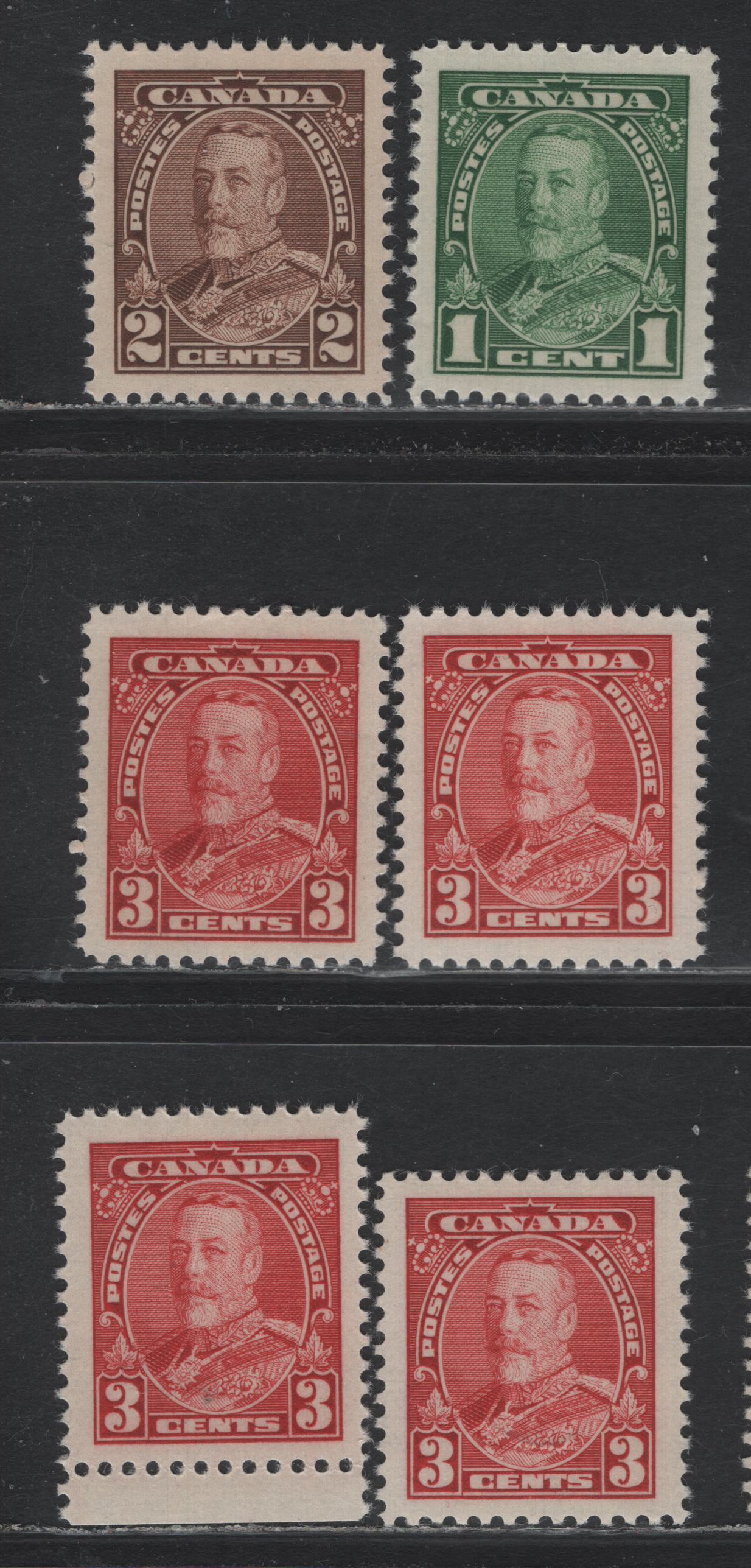Lot 261 Canada (C) #217-218 1c 0 3c Green - Carmine, 1935 KGV Pictorial Issue, 6 VFNH Singles, Various Papers & Perfs