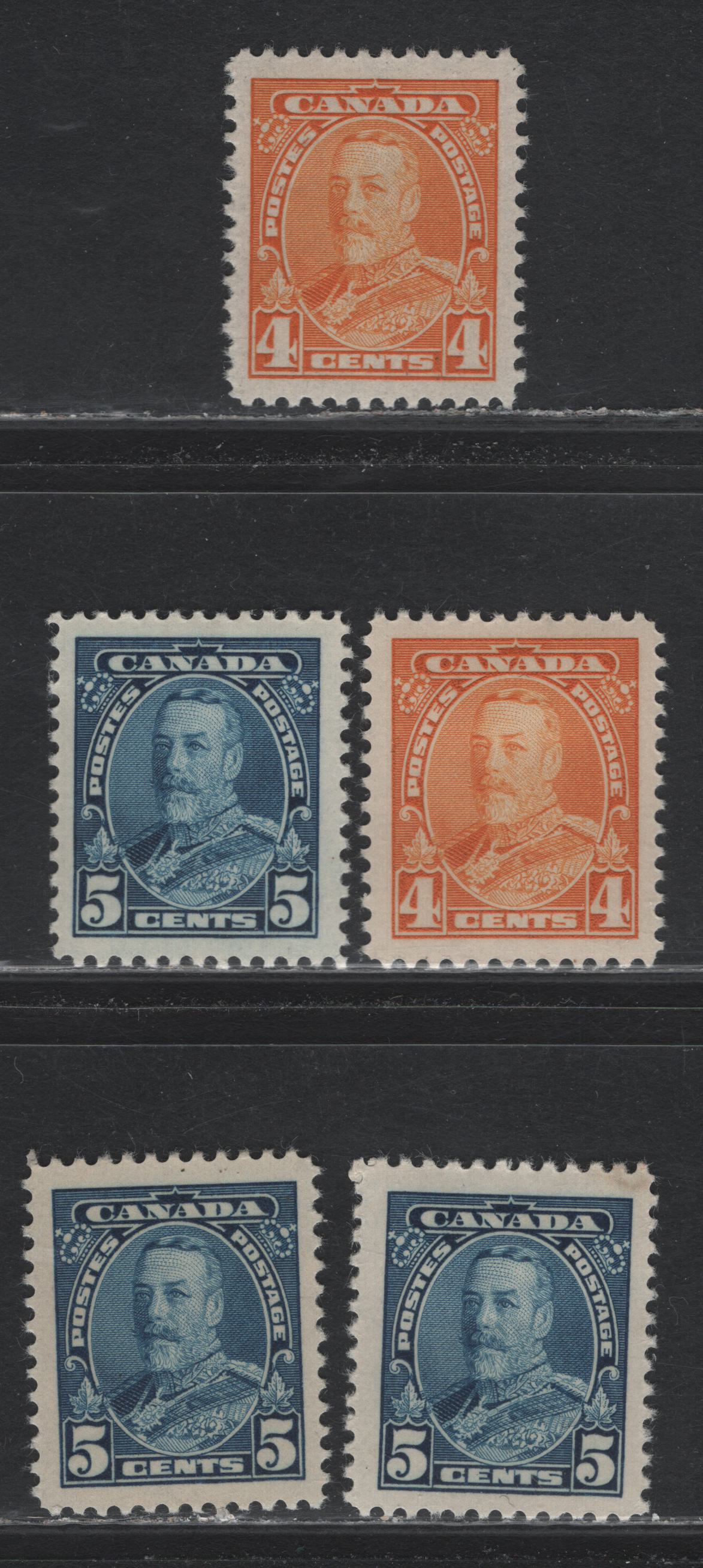 Lot 263 Canada #220-221 4c - 5c Chrome Yellow - Dark Blue, 1935 KGV Pictorial Issue, 5 VFOG Singles, On Papers CBN-OOOO, CBN-HHHHHH & CBN-EEEE, Perfs 12, 11.9x12, 11.9x11.8, 11.9 & 11.9x12