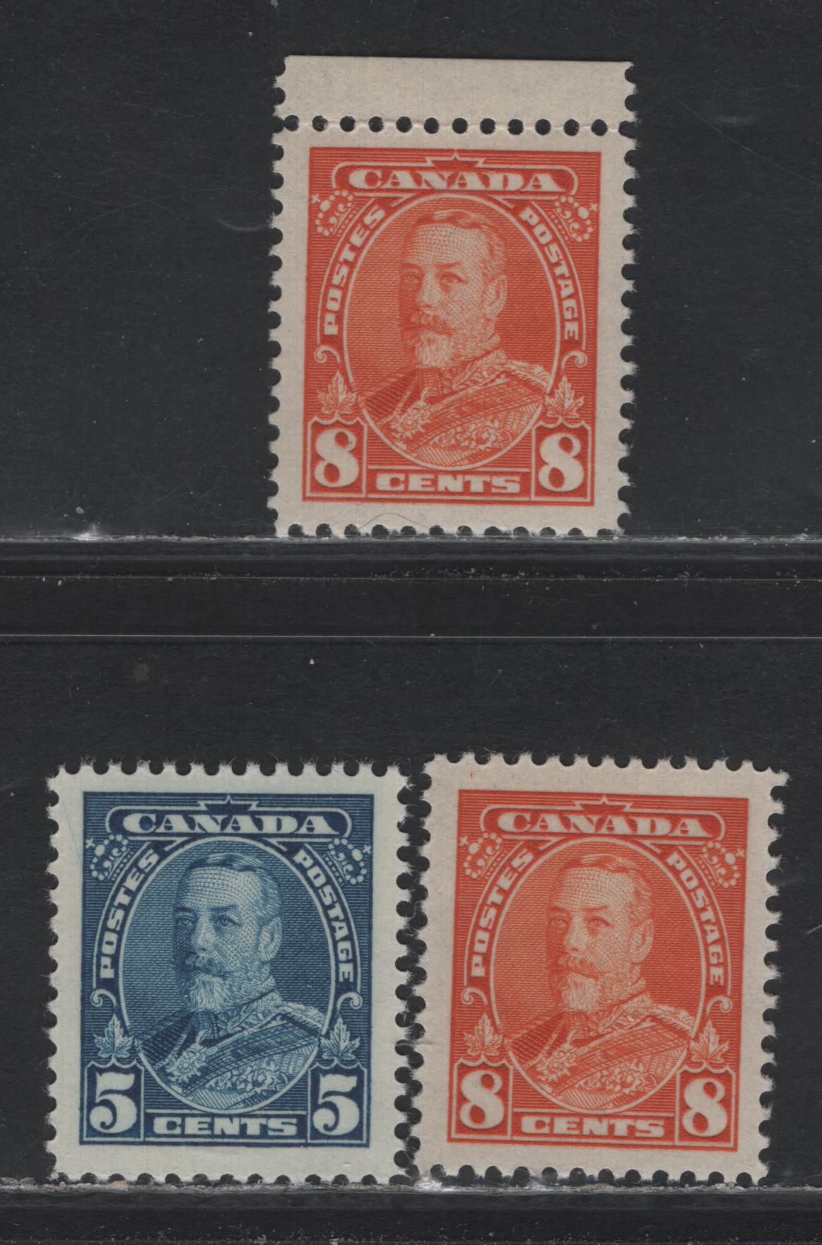 Lot 265 Canada (C) #221-222 5c - 8c Dark Blue - Deep Bright Orange, 1935 KGV Pictorial Issue, 3 VFOG Singles, CBN-ZZZZZ (5c) &CBN-OOOO (Both 8c) Papers, Perfs 11.9x12 (5c), 12 & 12x11.9