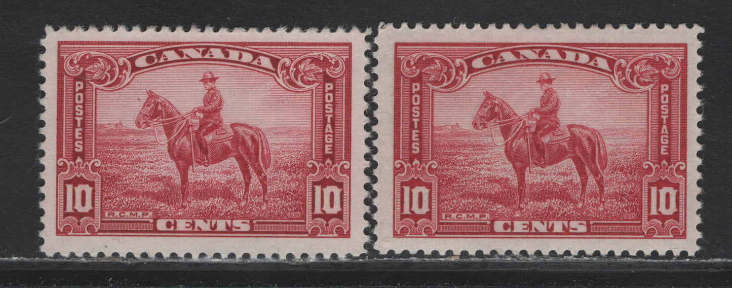 Lot 266 Canada SC#223 10c Deep Rose Carmine & Rose Carmine Mountie, 1935-1937 Dated Die Issue, 2 VFOG Singles On CBN-EE and CBN-PP Paper