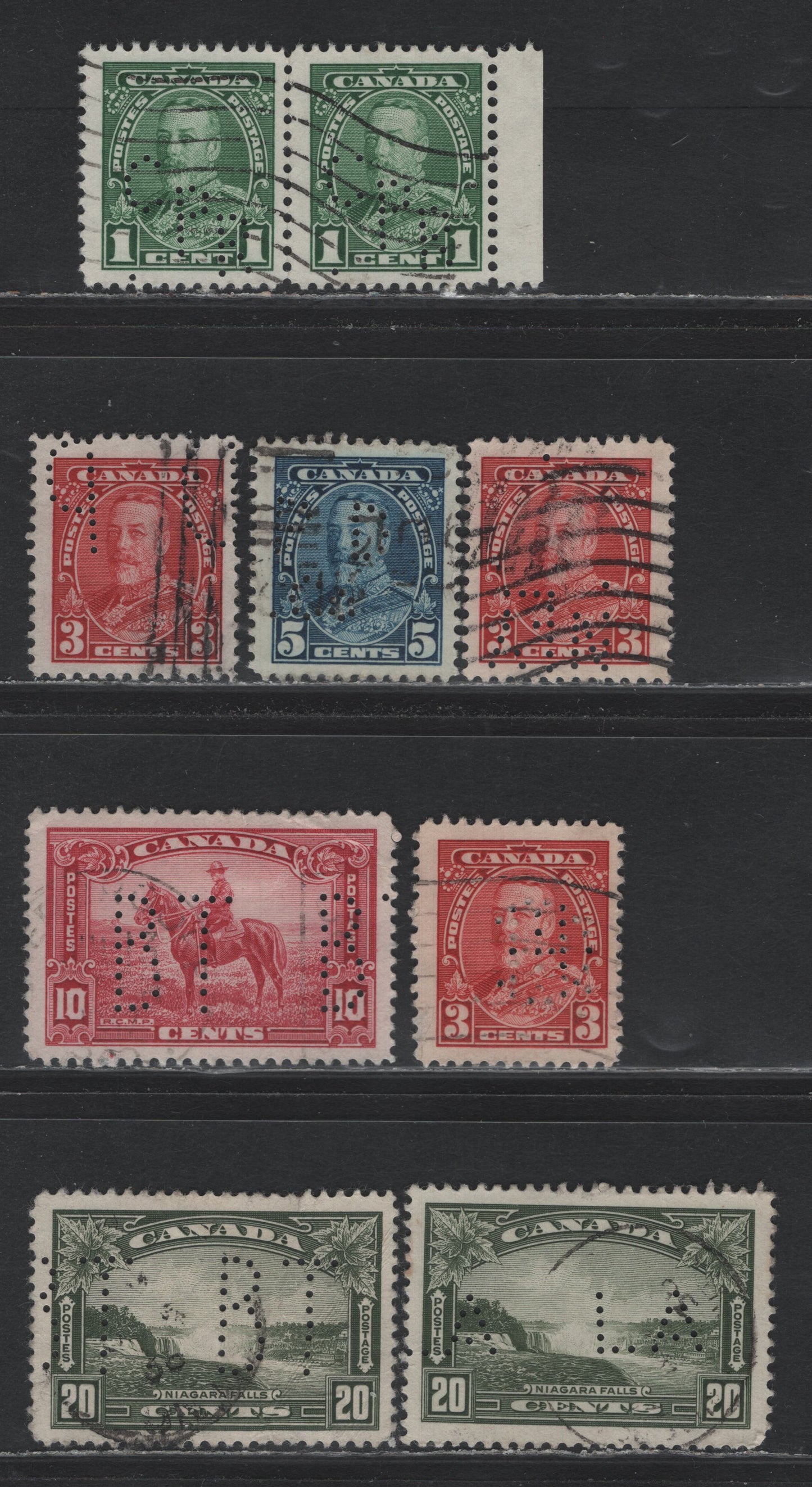 Lot 268 Canada SC#217, 219, 221, 223i, 225 1c-20c Green - Olive Green King George V - Niagara Falls, 1935-1937 Dated Die Issue, 7 Fine & VF Used Singles & A Pair With Various Perfins