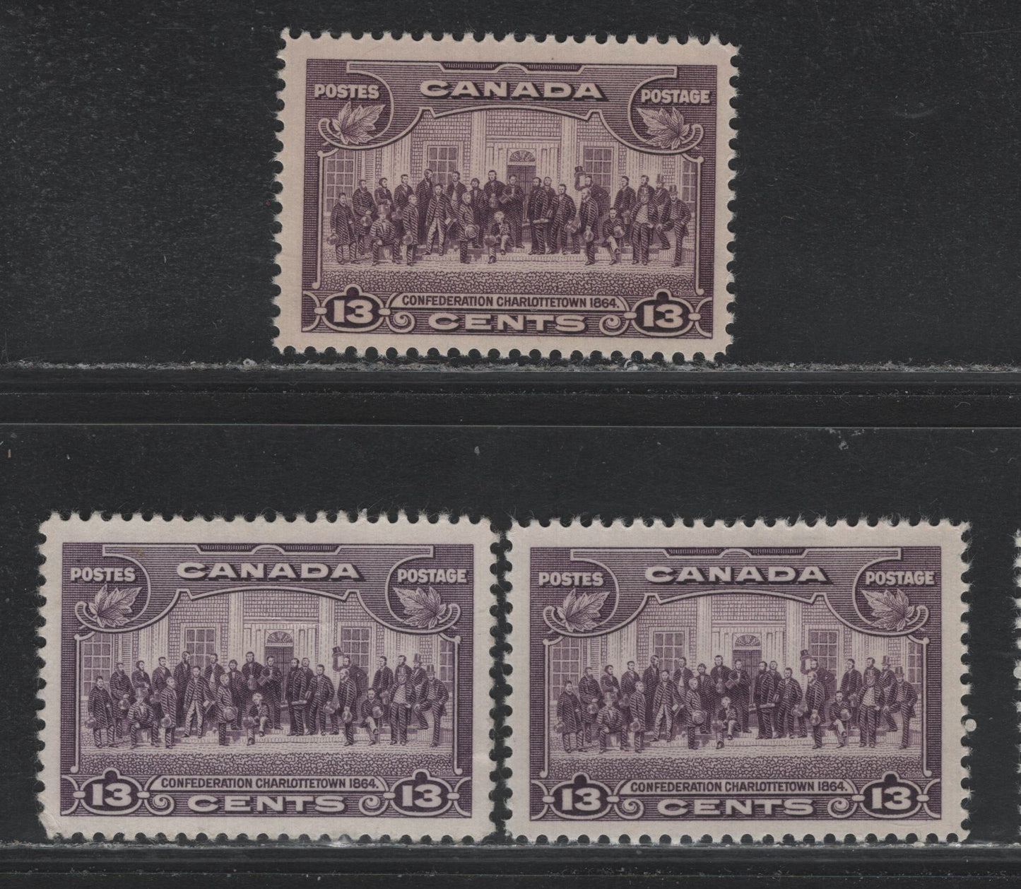 Lot 270 Canada SC#224 13c Blackish Purple & Deep Rose Lilac Charlottown Conference, 1935-1937 Dated Die Issue, 3 VFOG Singles On CBN-FF and CBN-XXX Paper