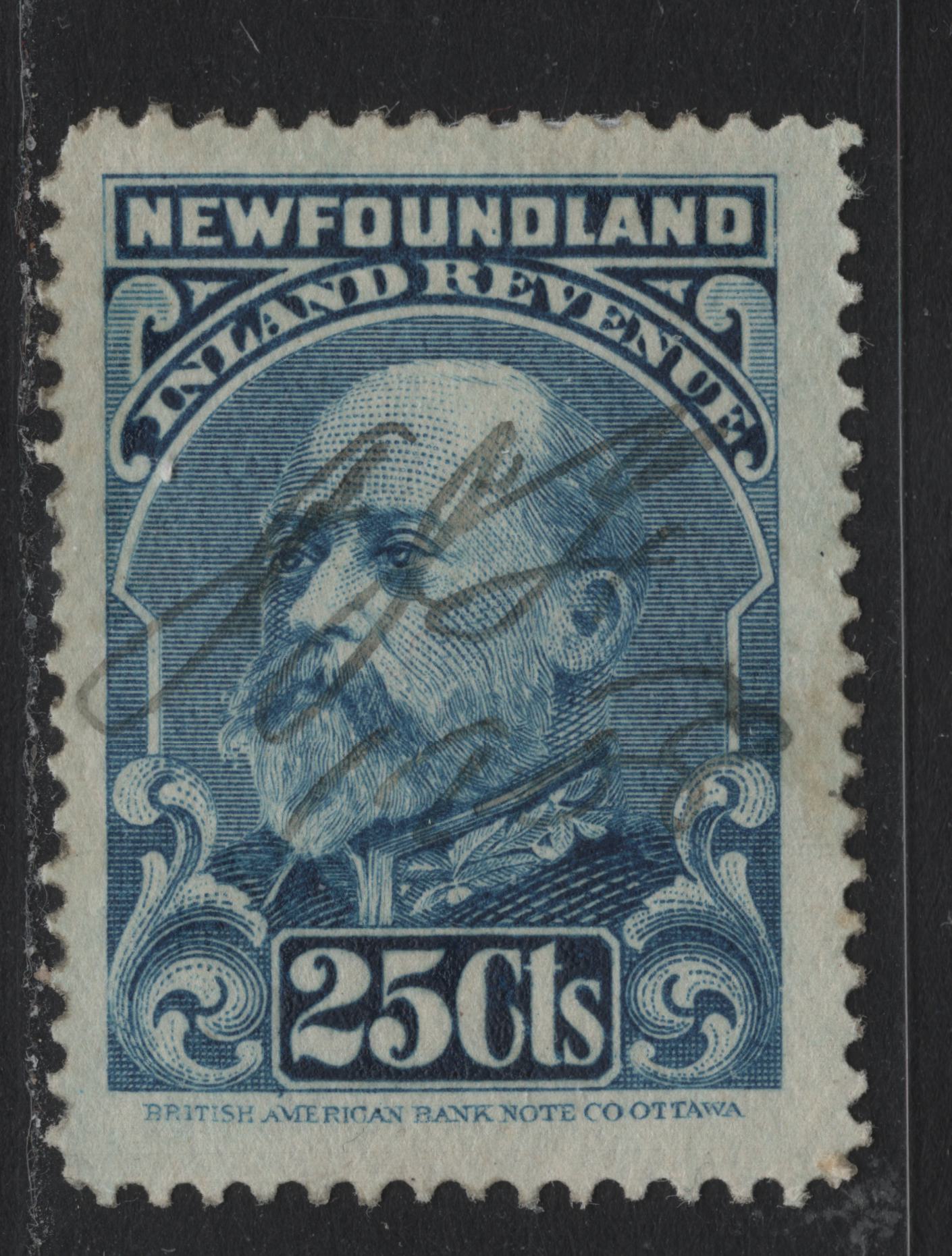 Lot 27 Newfoundland Van Dam#NFR10 25c Blue, 1907 King Edward VII Inland Revenue Issue, A Very Fine Used Single