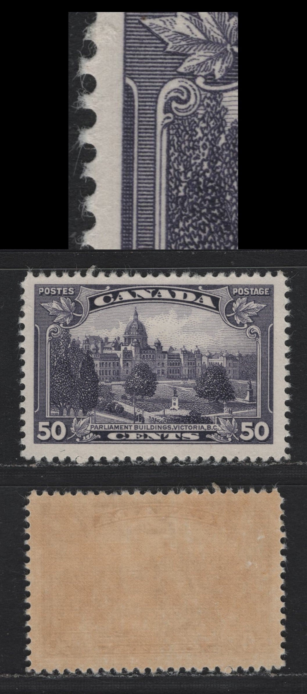 Lot 275 Canada SC#226var 50c Dull Slate Violet Parliament Buildings, 1935-1937 Dated Die Issue, A VFOG Single Showing Very Minor Re-Entry of Inner Frameline in Left Curved Panel, On CBN-RRR Paper