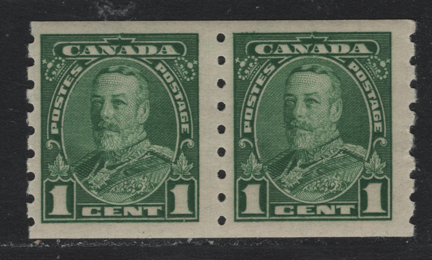 Lot 280 Canada (C)  SC#228 1c Deep Green King George V, 1935-1937 Dated Die Issue, A Fine NH Coil Pair On CBN-CCCC Paper