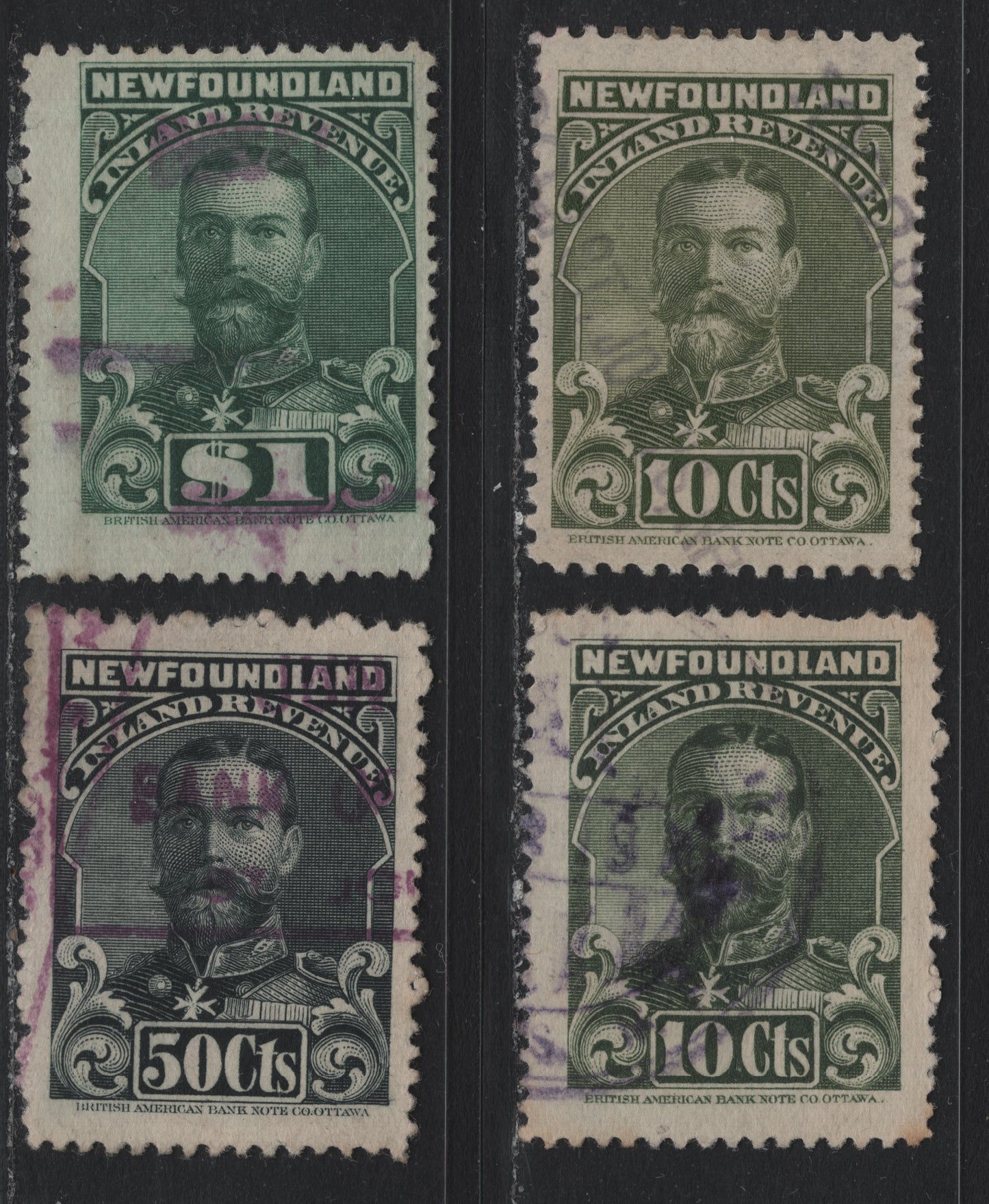 Lot 28 Newfoundland (C) Van Dam#NFR17-a, NFR19-20 10c - $1 Olive Green - Green, 1910 KGV Inland Revenue Issue, 4 Very Good/Fine/Very Fine Used Singles, Perfs 11 (Sage Green) & 12 (Rest)