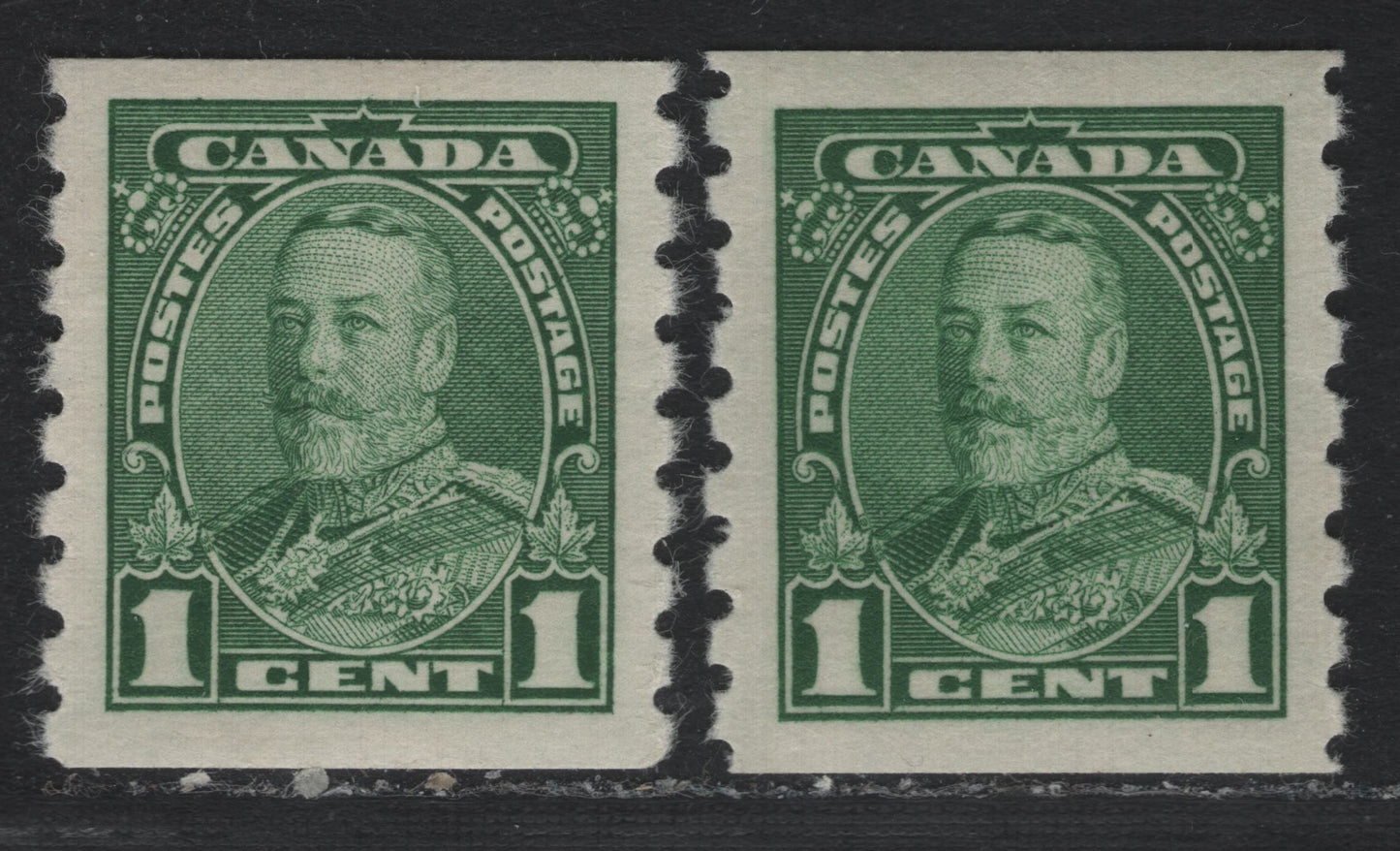 Lot 281 Canada SC#228 1c Green & Deep Green King George V, 1935-1937 Dated Die Issue, 2 VFOG Singles On CBN-AAAA Paper & CBN-DD Paper