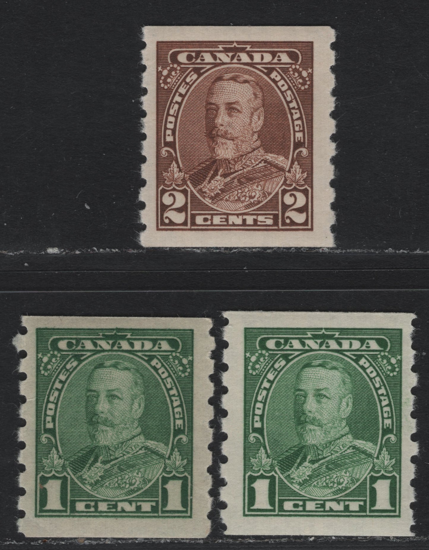 Lot 282 Canada SC#228-229 1c-2c Green, Deep Green & Brown King George V, 1935-1937 Dated Die Issue, 3 Fine & VFOG Singles On CBN-G, CBN-CCCC and CBN-EEEE Papers