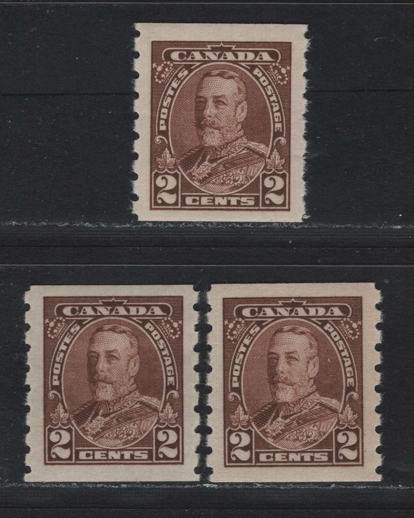 Lot 284 Canada SC#229 2c Brown & Bright Brown King George V, 1935-1937 Dated Die Issue, 3 Fine & VFOG Singles On CBN-G, CBN-CCCC and CBN-EEEE Papers
