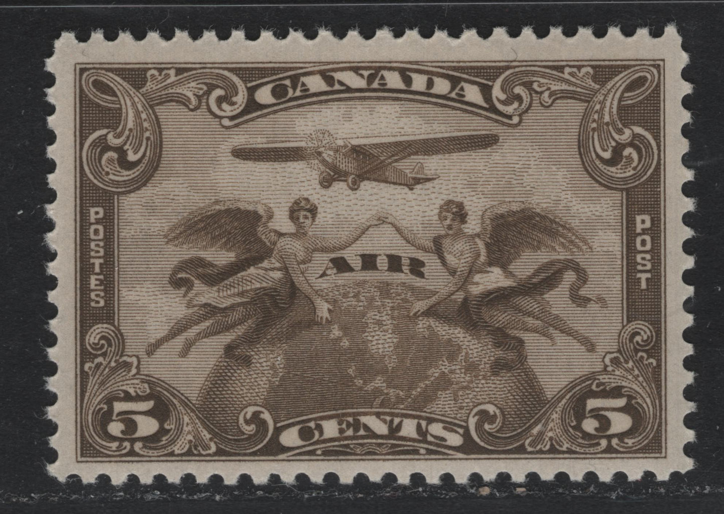 Lot 287A Canada #C1 5c Brown Olive, 1928 Airmail Issue, A VFNH Single, Unchecked As To Specific Paper Type, But No Visible Mesh & Smooth Cream Semi Glossy Gum