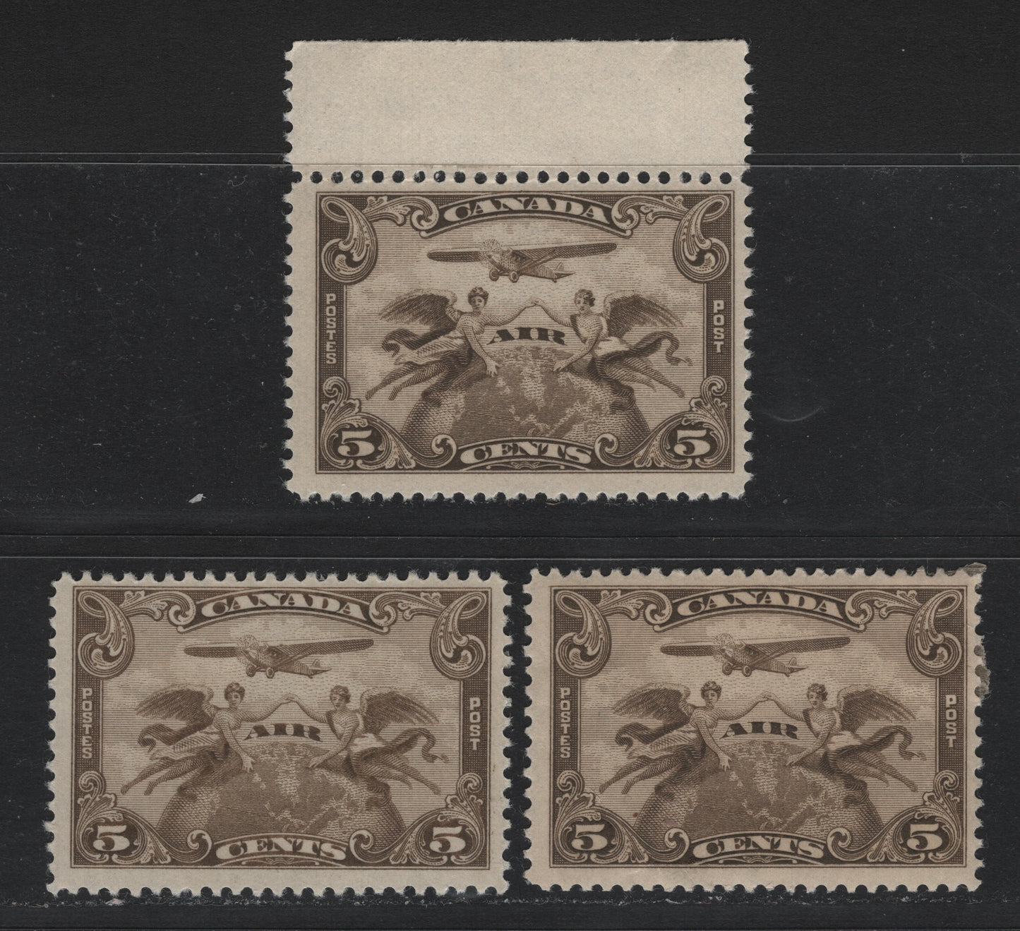 Lot 288 Canada (C) #C1 5c Olive Brown, 1928 Airmail Issue, 3 VFOG/NH Singles, 3 Shades On ABN-M Paper, Smooth Gum