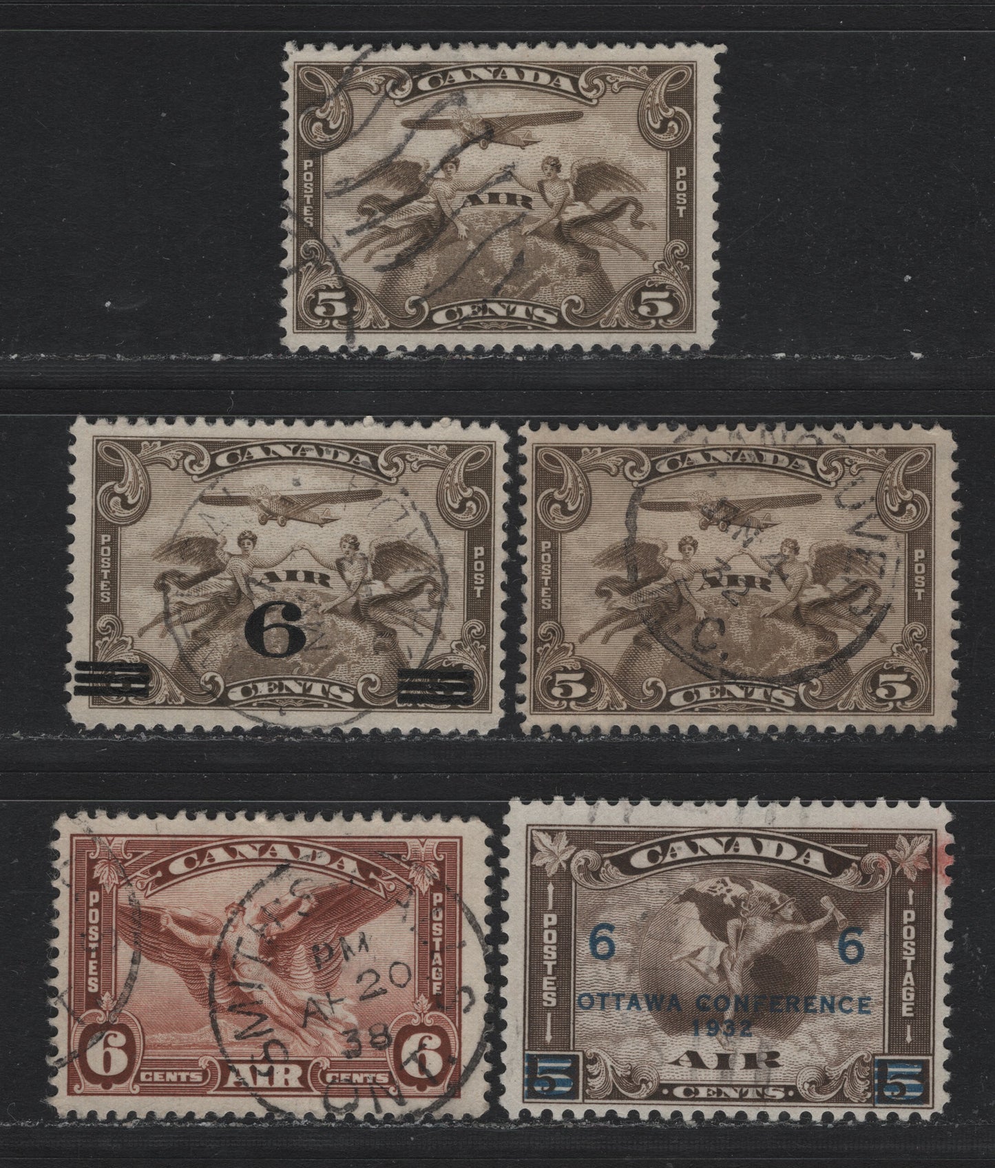 Lot 290 Canada #C1, C3-C5 5c - 6c Brown Olive - Red Brown, 1928-1935 Airmail Issue, 5 Fine Used Singles, Includes 2 Shades of 5c
