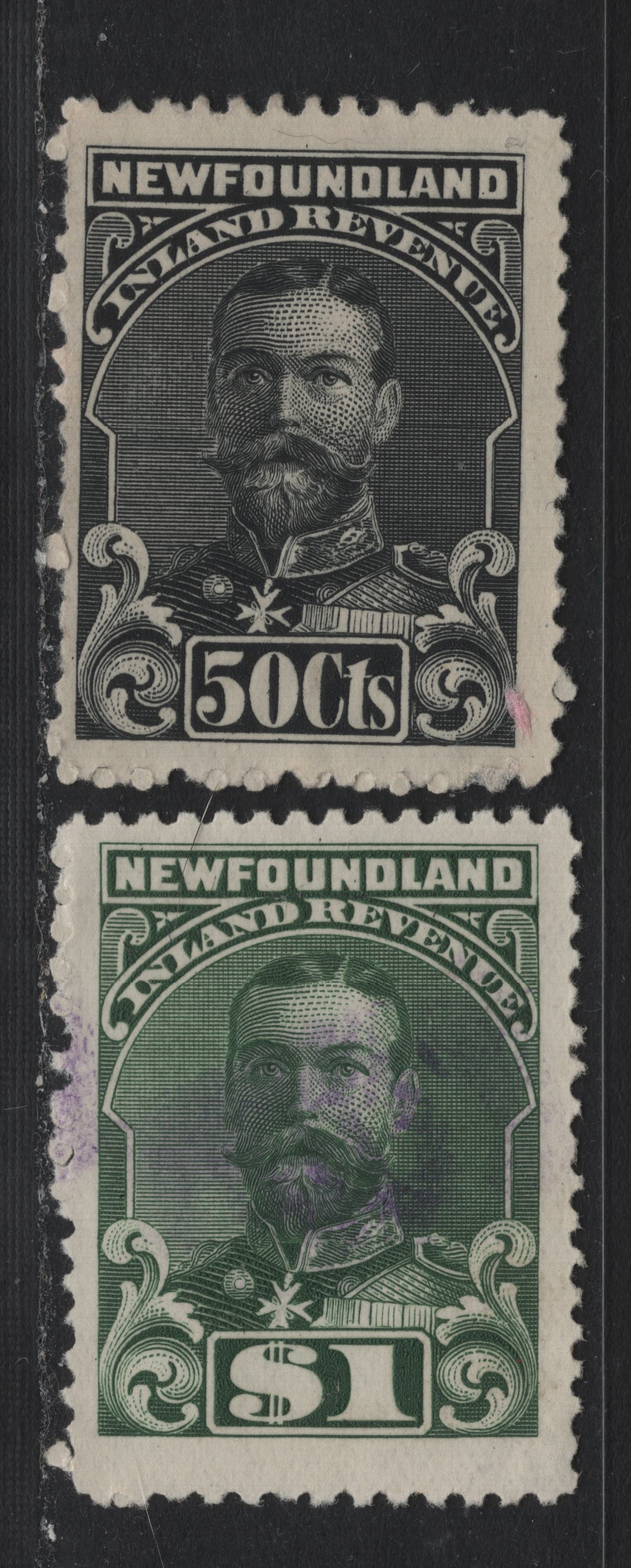 Lot 29 Newfoundland Van Dam#NFR24-25 50c - $1 Black - Green, 1910 KGV Inland Revenue Issue, 2 Very Good/Fine Used Singles, No Bank Note Comp Imprint
