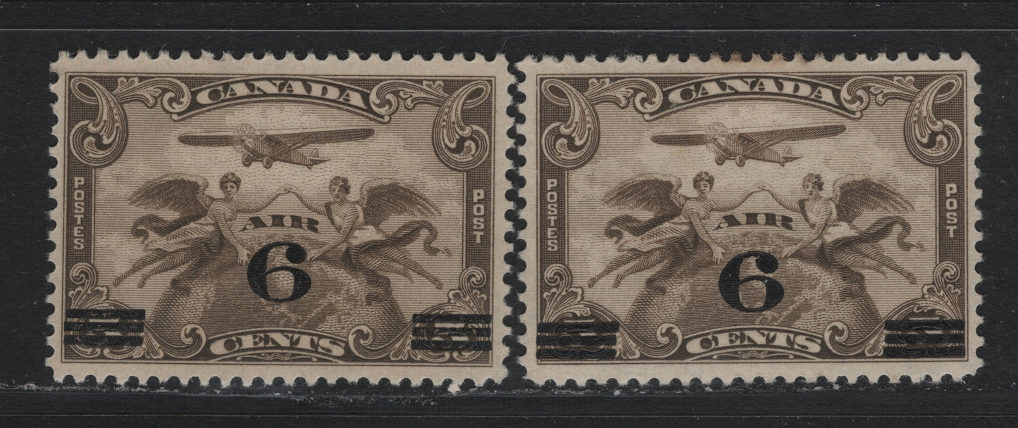 Lot 293 Canada #C3 6c on 5c Olive Brown, 1932 Airmail Issue, 2 VFOG Singles, Two Slightly Different Shades, ABN-M Paper