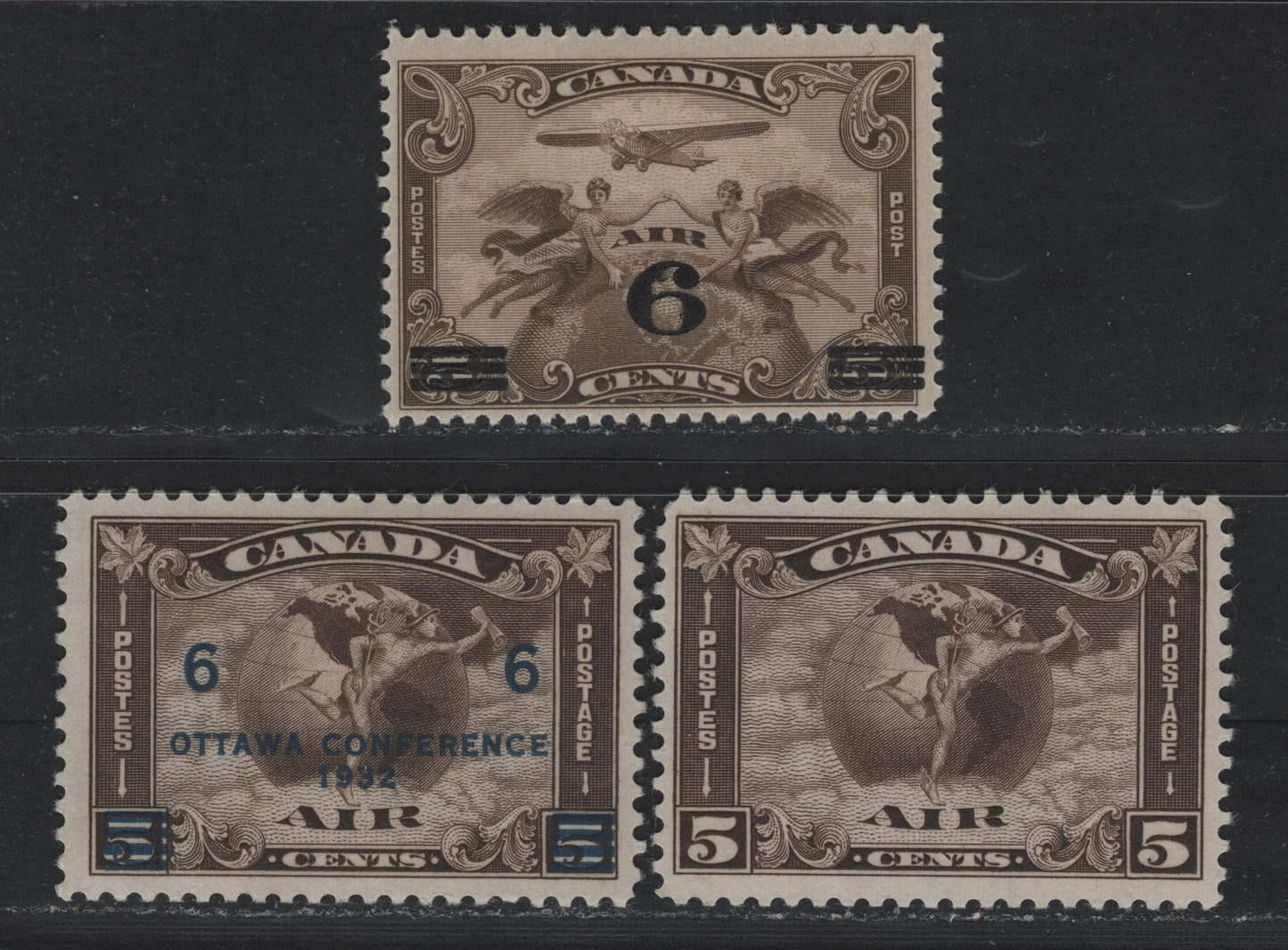 Lot 296 Canada #C2-C4 5c - 6c on 5c Brown Olive - Brown Olive, 1930-1932 Airmail Issues, 3 FOG Singles