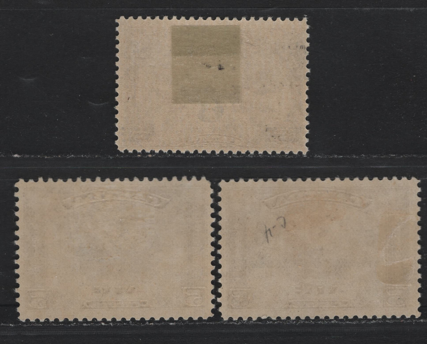 Lot 296 Canada #C2-C4 5c - 6c on 5c Brown Olive - Brown Olive, 1930-1932 Airmail Issues, 3 FOG Singles