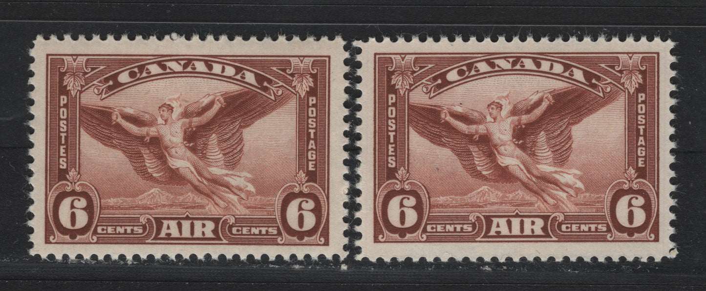 Lot 297 Canada #C5 6c Red Brown, 1935 Airmail Issue, 2 VFNH Singles, Two Types Of Paper