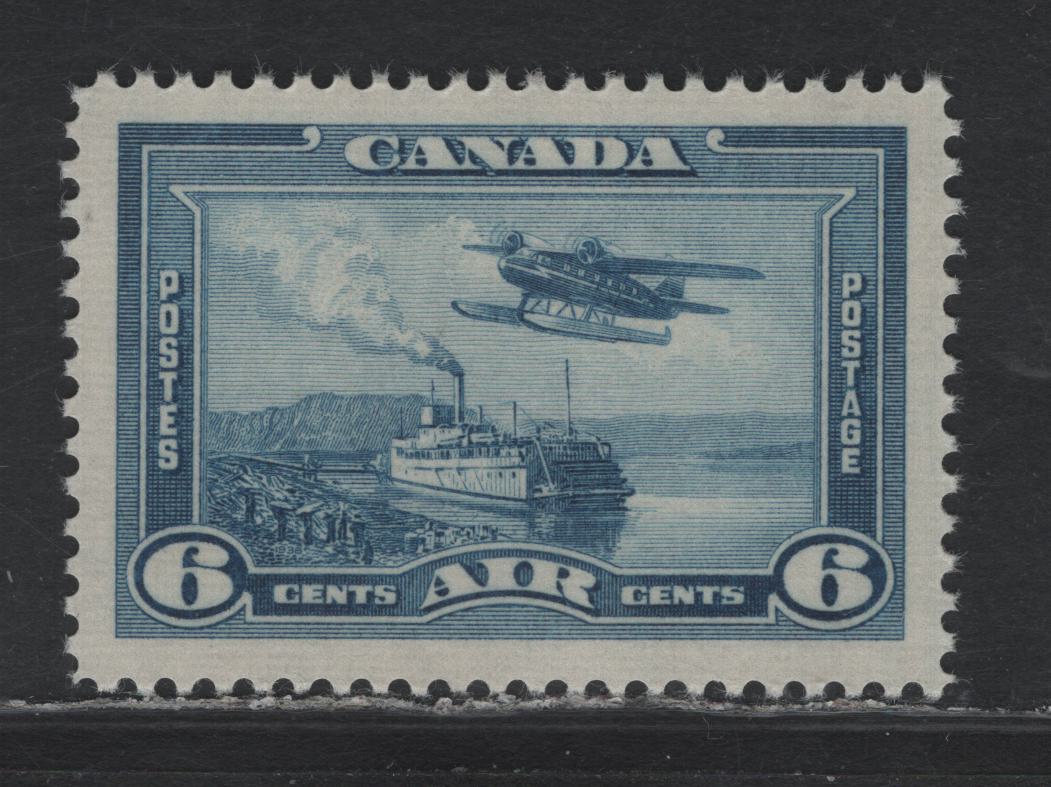 Lot 299 Canada #C6 6c Dull Blue, 1938 Airmail Issue, A XFNH Single, Translucent Vertical Wove Paper With Clear Horiz. Mesh & Yellowish Cream Semi Glossy Gum, Lighter & Darker Streaks, Perfectly Centered Within Balanced Opposing Margins.