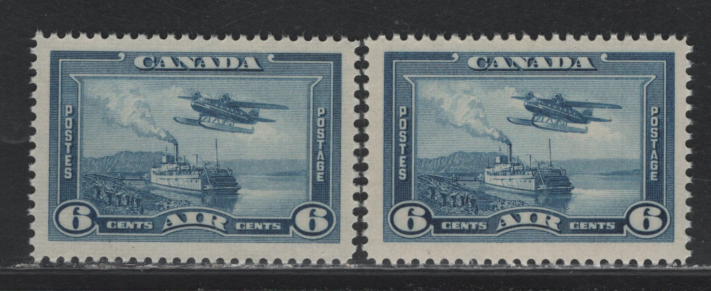 Lot 300 Canada #C6 6c Dull Blue, 1938 Airmail Issue, 2 VFNH Singles, Vertical Wove Paper With Light Horiz Mesh & Semi Glossy Cream Gum With Light & Dark Streaks & Vertical Wove With Fine Mesh & Crackly Yellowish Cream Gum