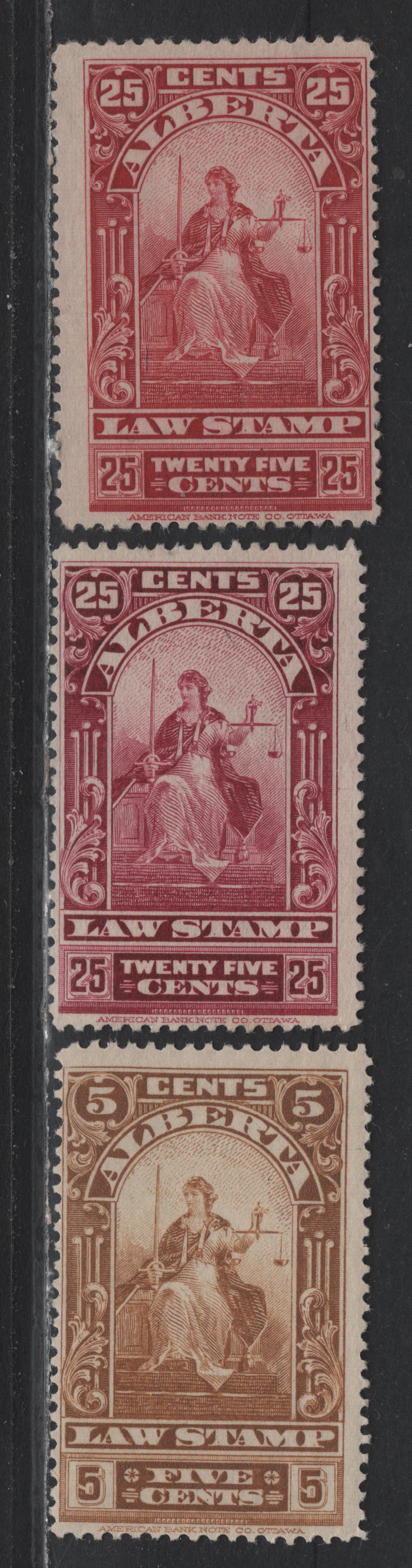 Lot 3 Canada - Alberta (C) Van Dam#AL27, AL30-30a 5c - 25c Pale Brown - Lake Red, 1910-1930 Justice Seated Law Issue, 3 FOG & Unused Singles, 25c's Have No Gum, Province Of Alberta