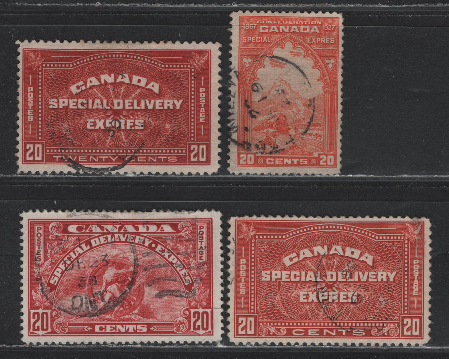 Lot 305 Canada #E3-E6 20c Red Orange - Carmine, 1927-1935 Special Delivery Issues, 4 Fine Used Singles, 20c Henna Brown E5 Has A Small Tear In The Upper Right Corner