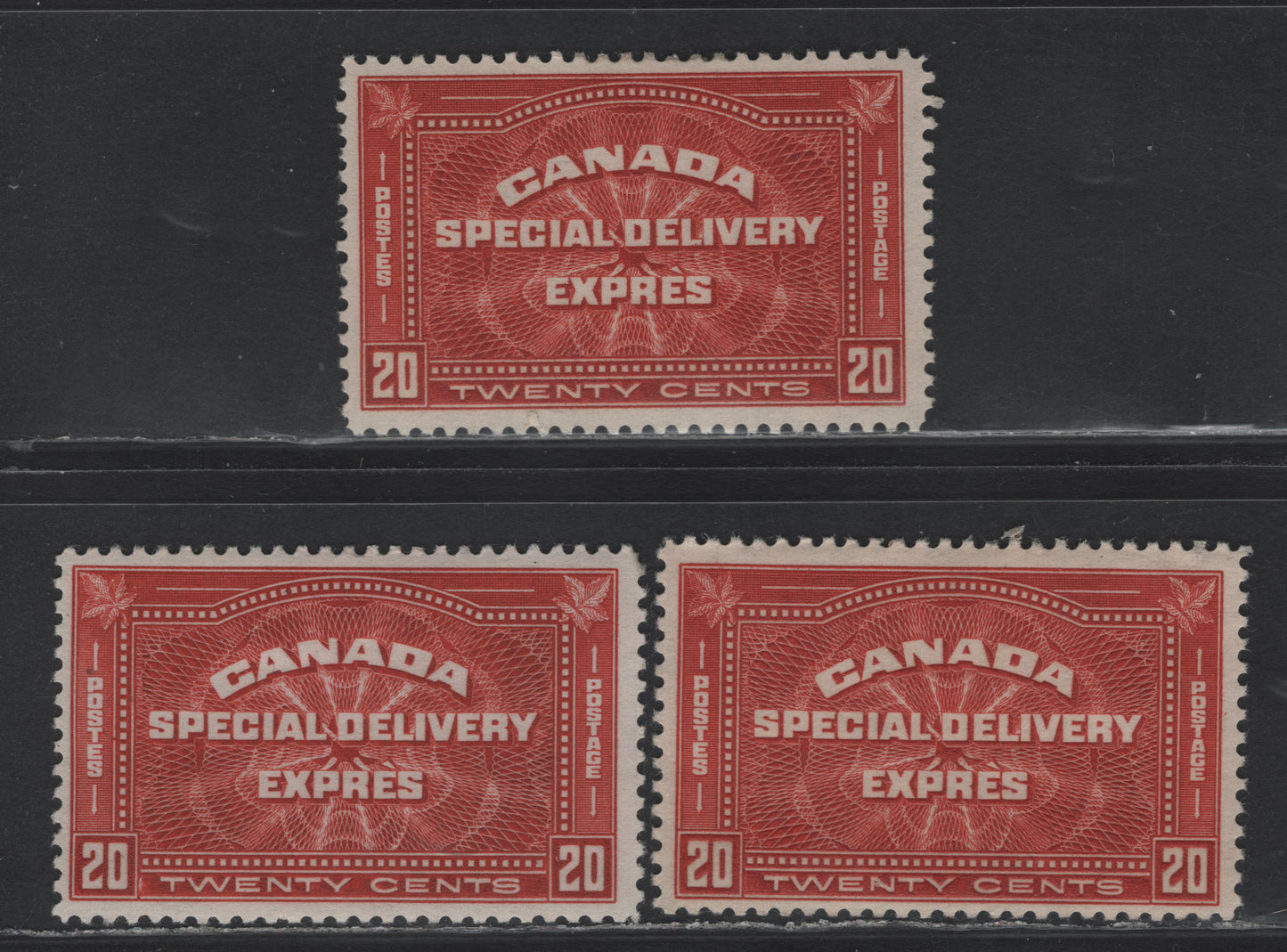 Lot 307 Canada #E4 20c Deep Brownish Vermillion, 1930 Special Delivery Issue, 3 FOG Singles, BABN-FFF (Deep Brownish Vermillion), BABN-DD (Brownish Vermillion) & BABN-C (Bright Brownish Vermillion) Papers