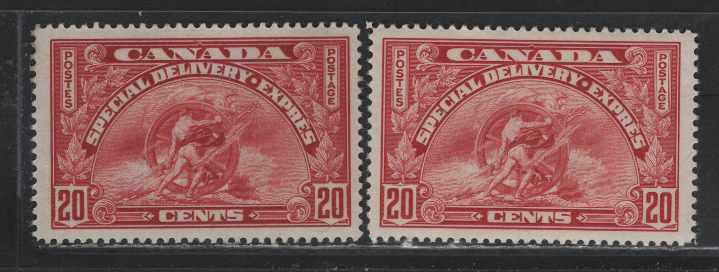 Lot 312 Canada #E6 20c Carmine Red - Deep Carmine Red, 1935 Special Delivery Issue, 2 VFOG Singles, CBN-SSS (Carmine Red) & CBN-UUU Paper (Deep Carmine Red)