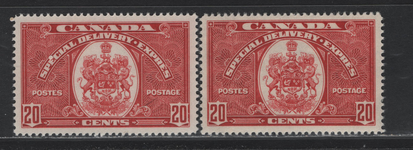 Lot 317 Canada #E8 20c Carmine, 1938 Special Delivery Issue, 2 VFOG Singles, CBN-LL & CBN-PP Papers
