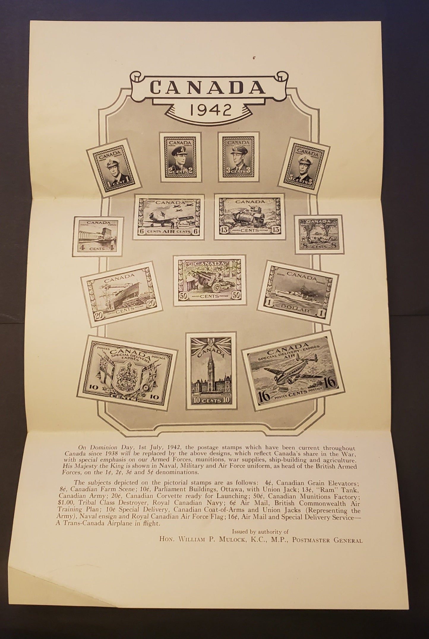 Lot 318A Canada #, 1942 War Issue, A Fresh & Clean Poster, War Issue Original Announcement Black & White Post Office Poster, From Postmaster William F Mulock, The Designer of The 1898 Imperial Penny Postage Issue, Folded In 3.