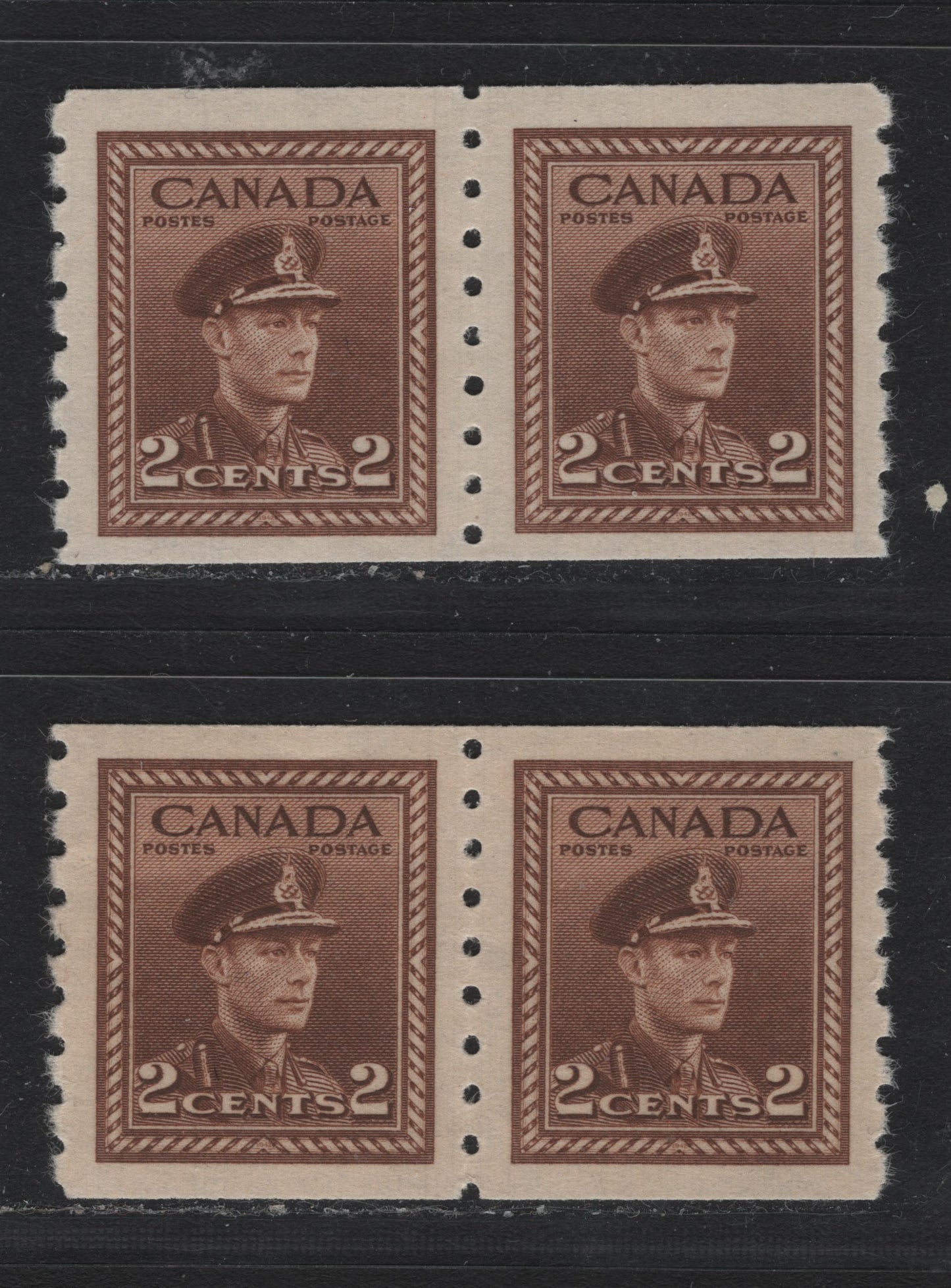 Lot 320 Canada #264 2c Brown - Deep Yellowish Brown, 1942-1943 KGV War Issue Coils, 2 VFNH Coil Pairs, CBN-KKKKKK Paper, Perf 8 Vertical