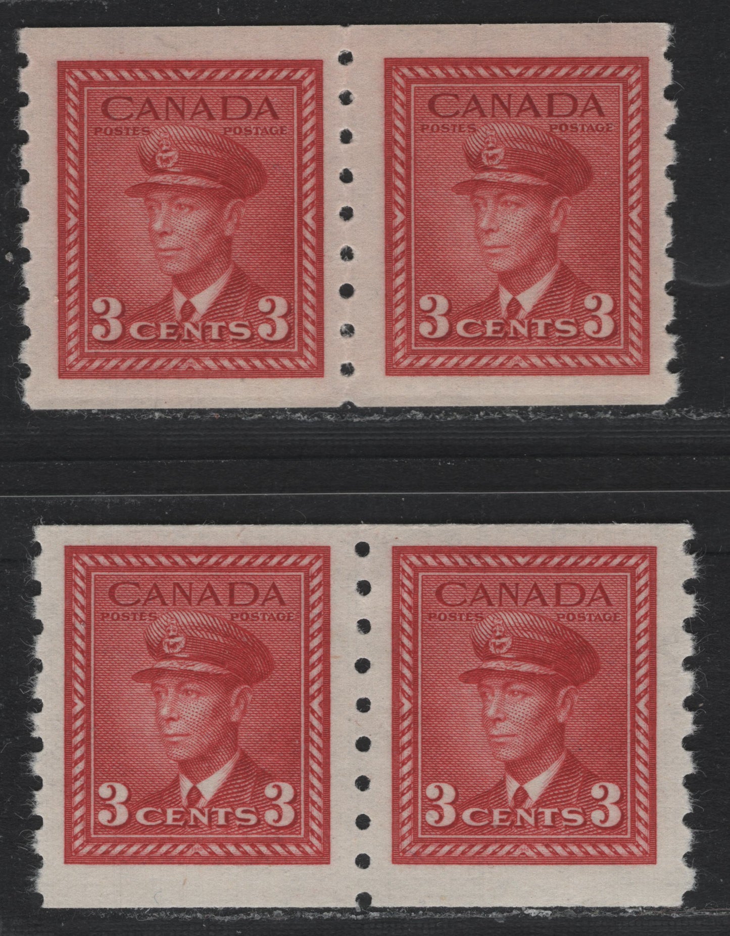 Lot 324A Canada #265 3c Brighter Deep Carmine, 1942-1943 KGV War Issue Coils, 2 VFNH Coil Pairs, CBN-PPPPPP Papers