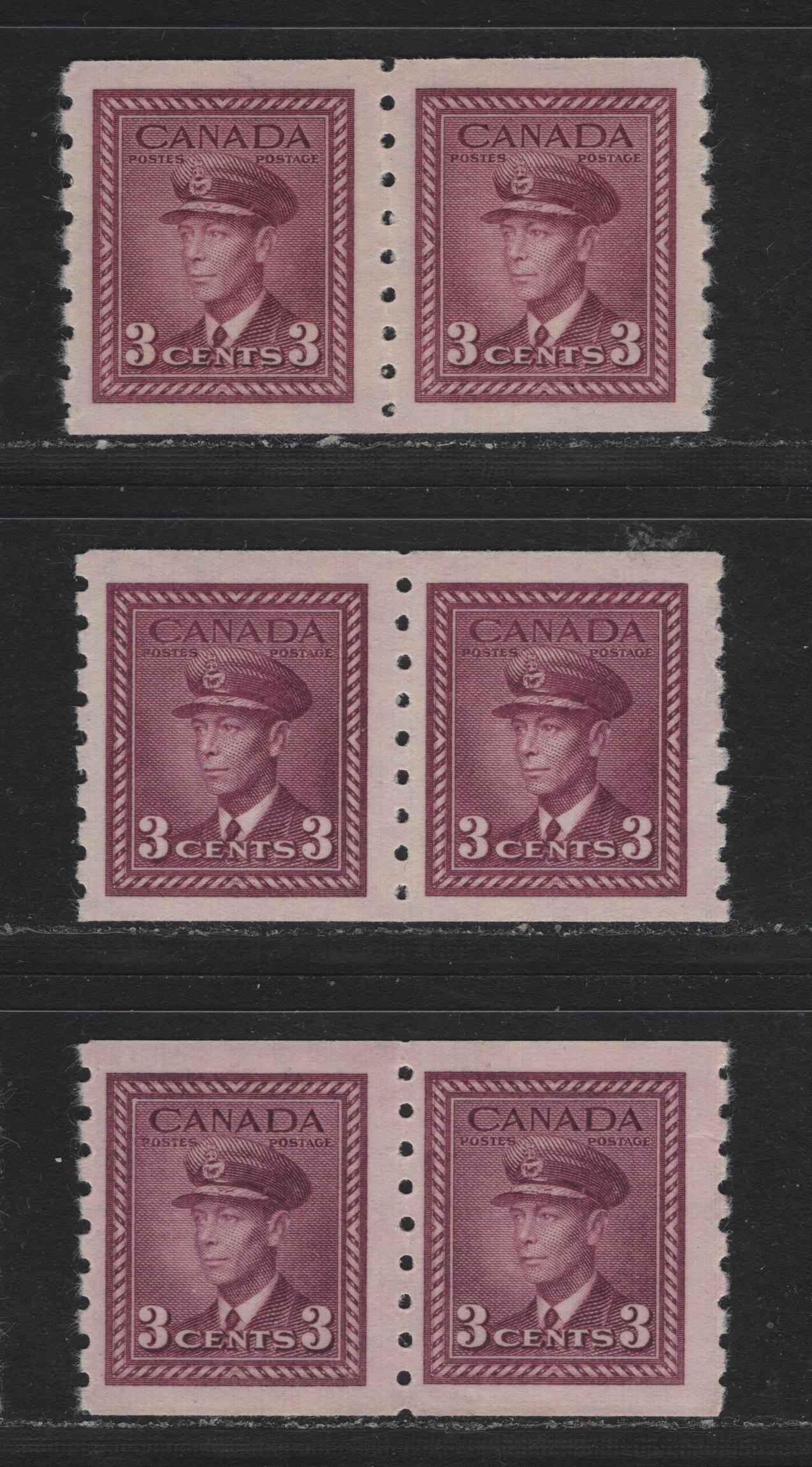 Lot 330 Canada #266 3c Bright Reddish Rose Purple - Rosy Plum, 1942-1943 KGV War Issue Coils, 3 F/VFNH Coil Pairs, CBN-WW & CBN-QQQQQ (Rosy Plum) Papers, Perf 8 Vertical