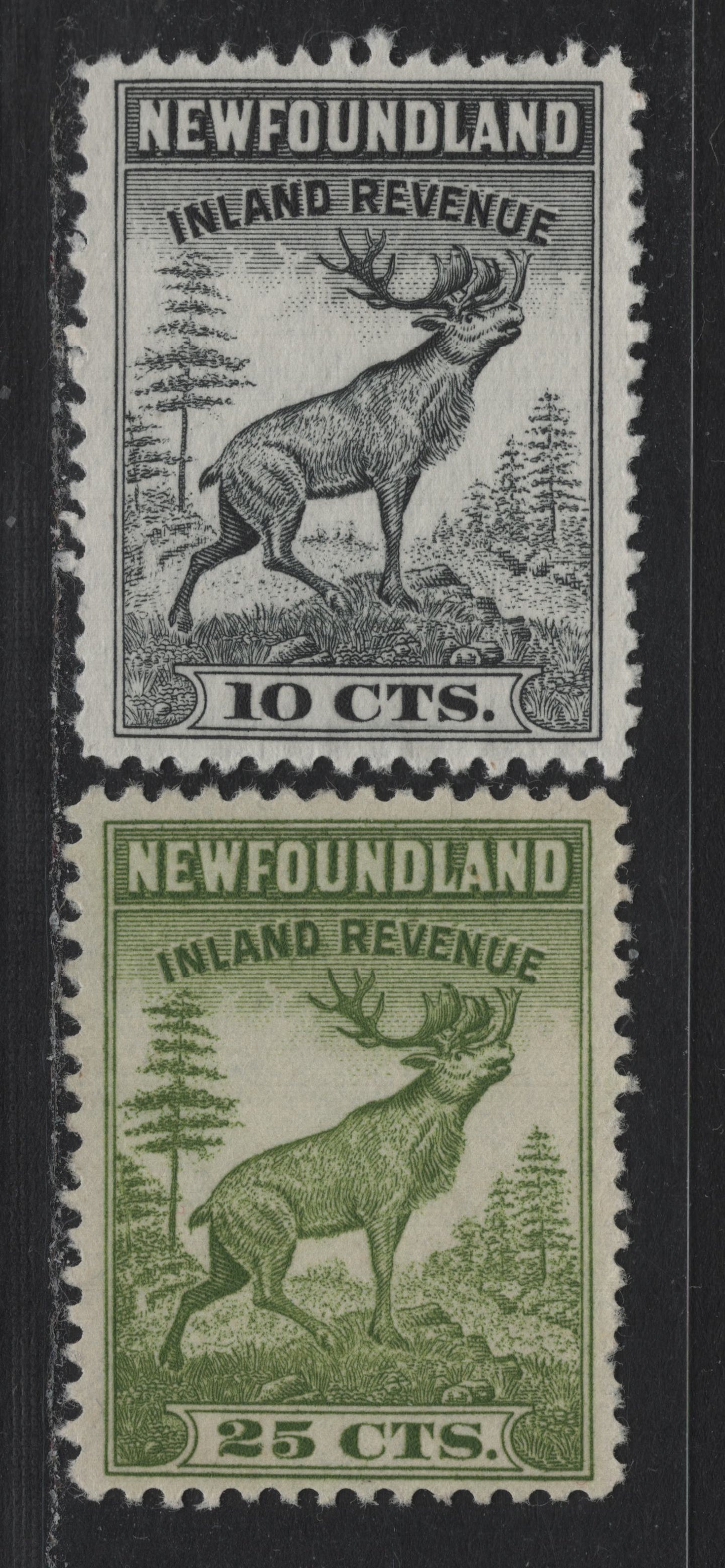 Lot 33 Newfoundland (C) Van Dam#NFR37-38 10c - 25c Black - Green, 1942 Caribou Issue, 2 Fine Unused Singles, Bradbury Wilkinson Printing