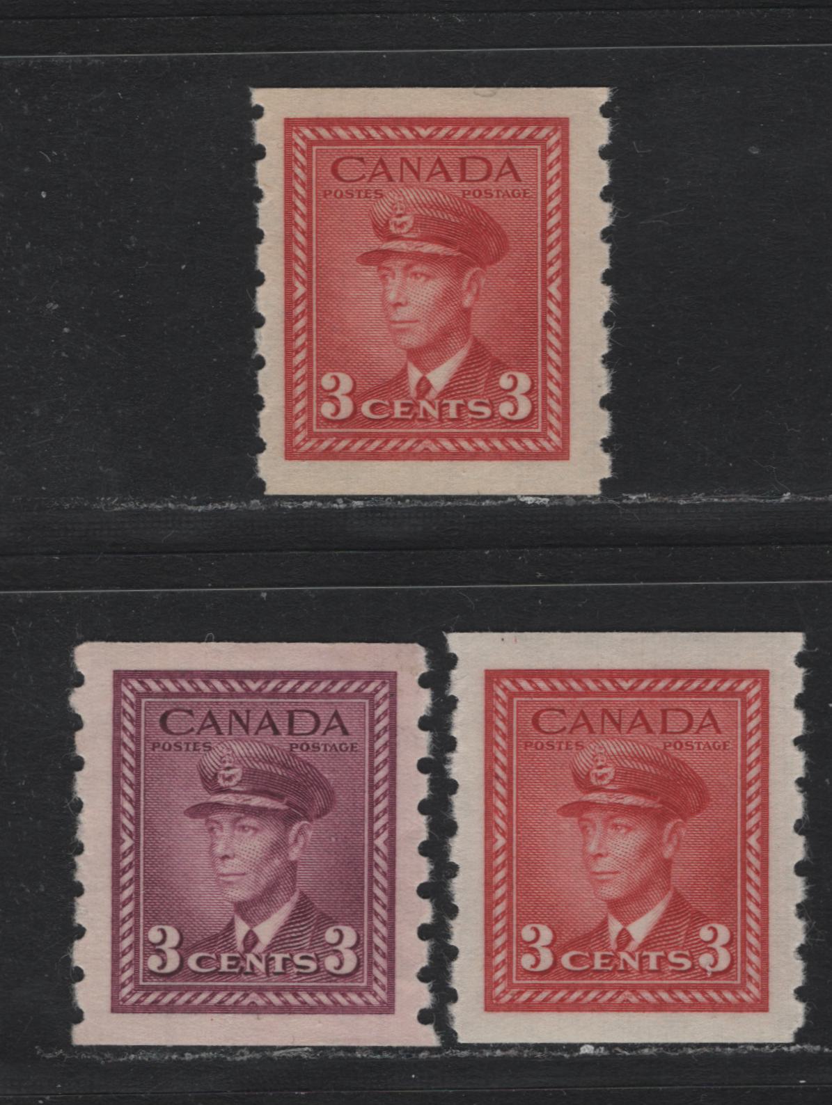 Lot 331 Canada #265-266 3c Carmine - Rosy Purple, 1942-1943 KGV War Issue Coils, 3 VFNH Coil Singles, CBN-MMMMMM (Brighter Deep Carmine & Carmine) & CBN-QQQQQQ (Rosy Purple) Papers, Perf 8 Vertical