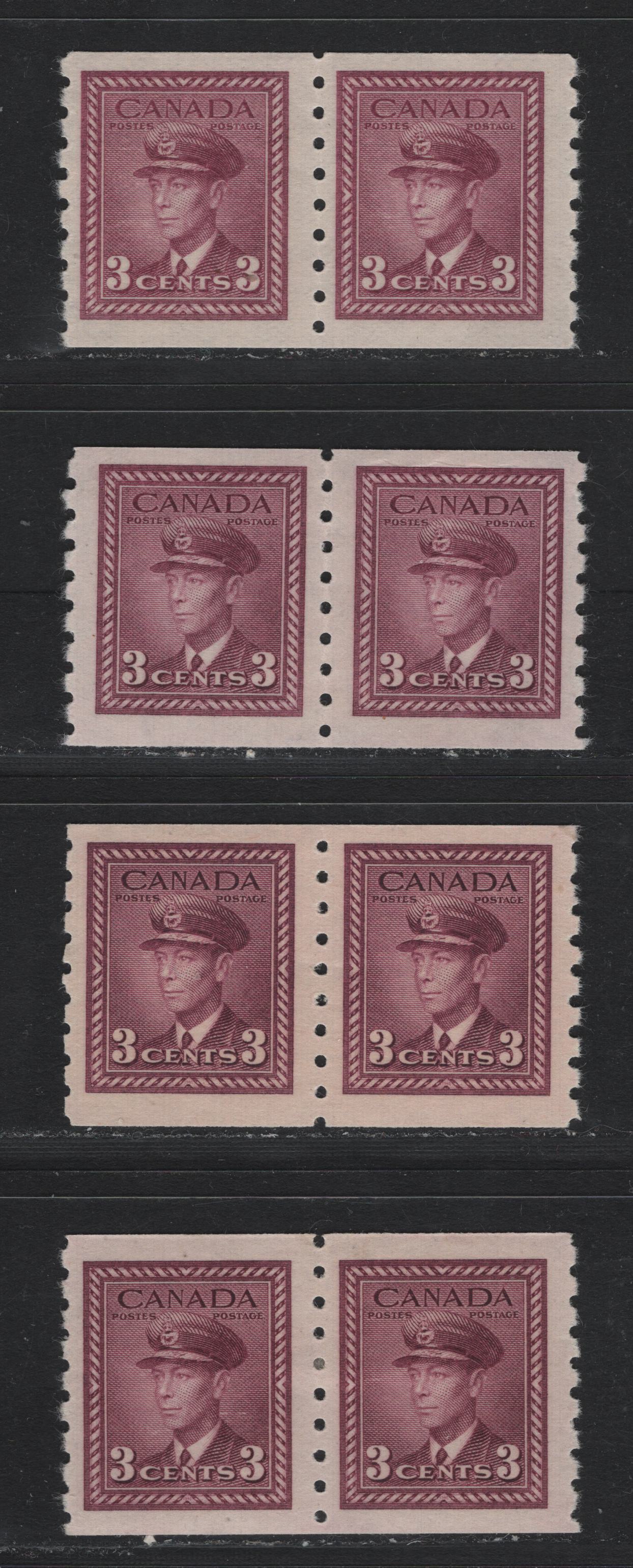 Lot 333 Canada #266 3c Rosy Plum - Milky Rose Purple, 1942-1943 KGV War Issue Coils, 4 VFOG Coil Pairs, Perf 8 Vertically, CBN-NNNNNN, CBN-QQQQQQ & CBN-WW Papers