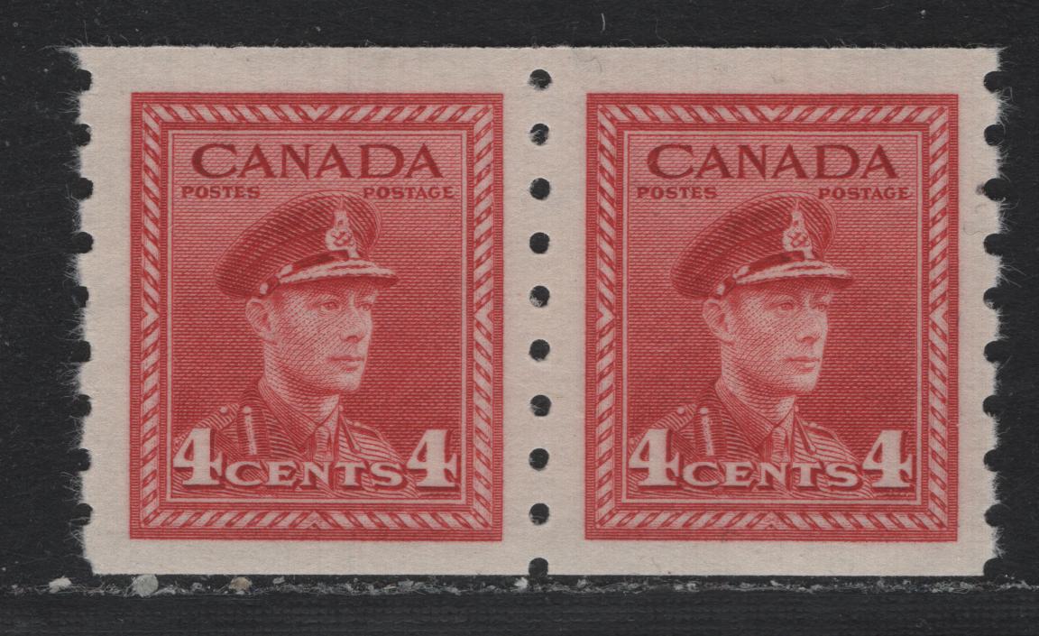 Lot 337 Canada (C) #267 4c Soft Carmine Red, 1942-1943 KGV War Issue Coils, A VFNH Coil Pair, CBN-QQQQQQ Paper, Perf 8 Vertical