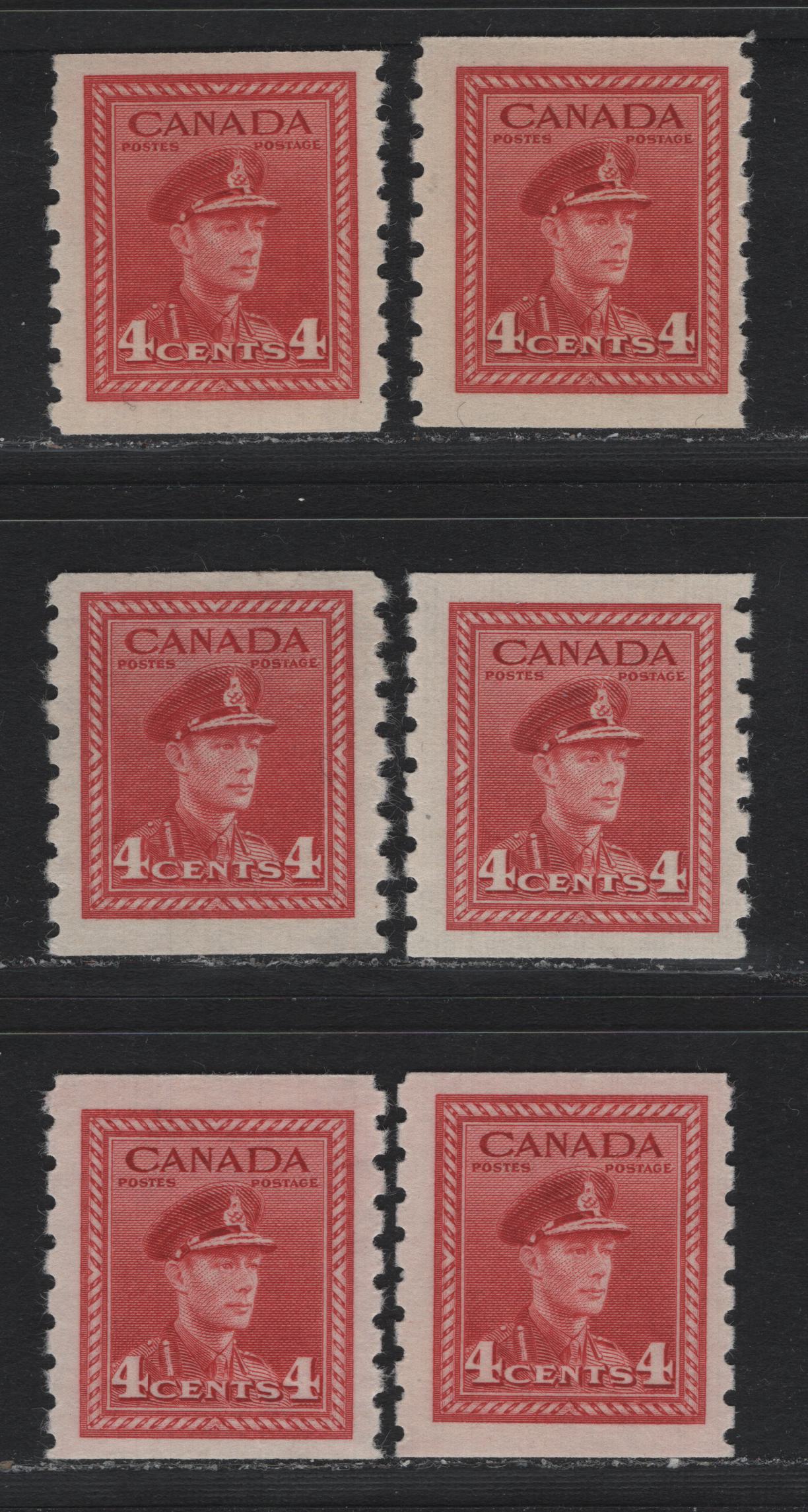 Lot 338 Canada (C) #267 4c Carmine - Carmine Red, 1942-1943 KGV War Issue Coils, 6 F/VFNH Coil Singles, CBN-WW, CBN-RRRRRR, CBN-NNNNNN & CBN-QQQQQQ Papers, Perf 8 Vertical