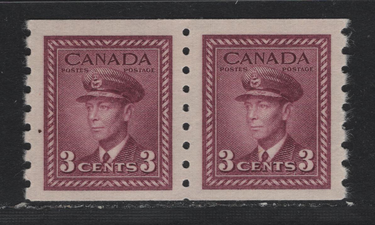 Lot 338A Canada (C) #266 3c Rosy Plum, 1942-1943 KGV War Issue Coils, A VFNH Coil Pair, CBN-MMMMMM Paper, Perf 8 Vertical