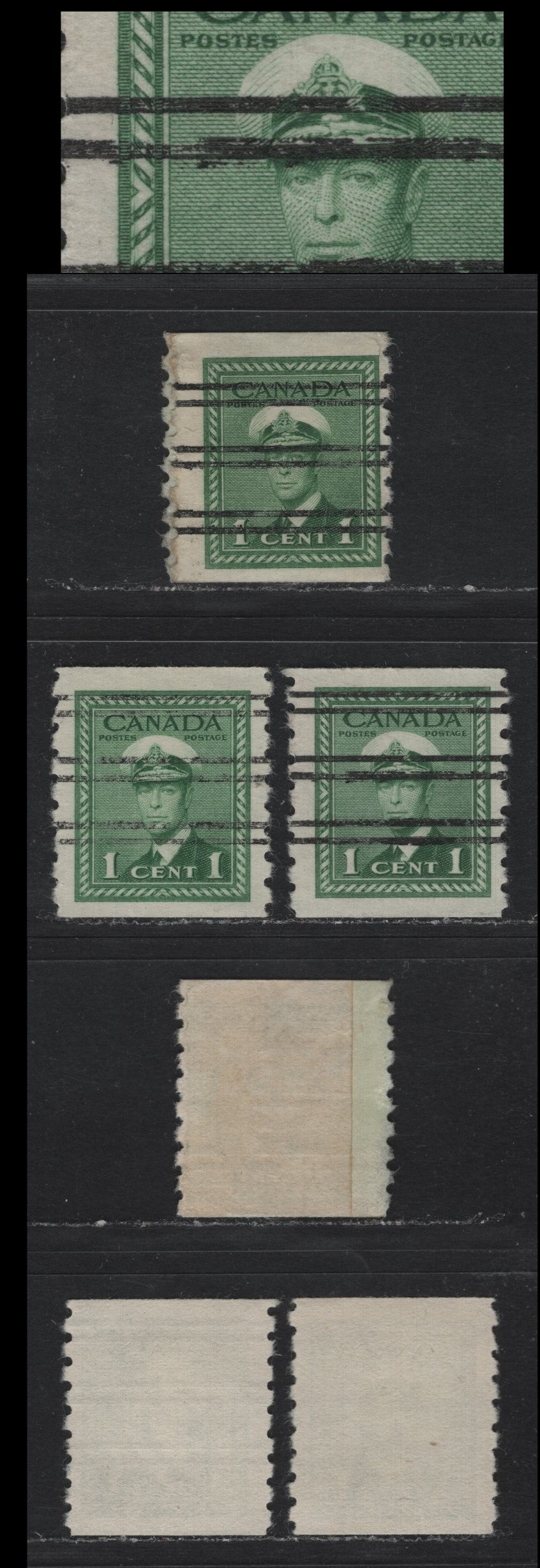 Lot 342 Canada #263xx 1c Green, 1942-1943 King George VI War Issue, 3 F&VF Used Coil Singles With Precancel, On CBN-QQQQQQ Paper. Normal & Single Showing The 4th Bar Partially Doubled, Plus A Paste Up Single
