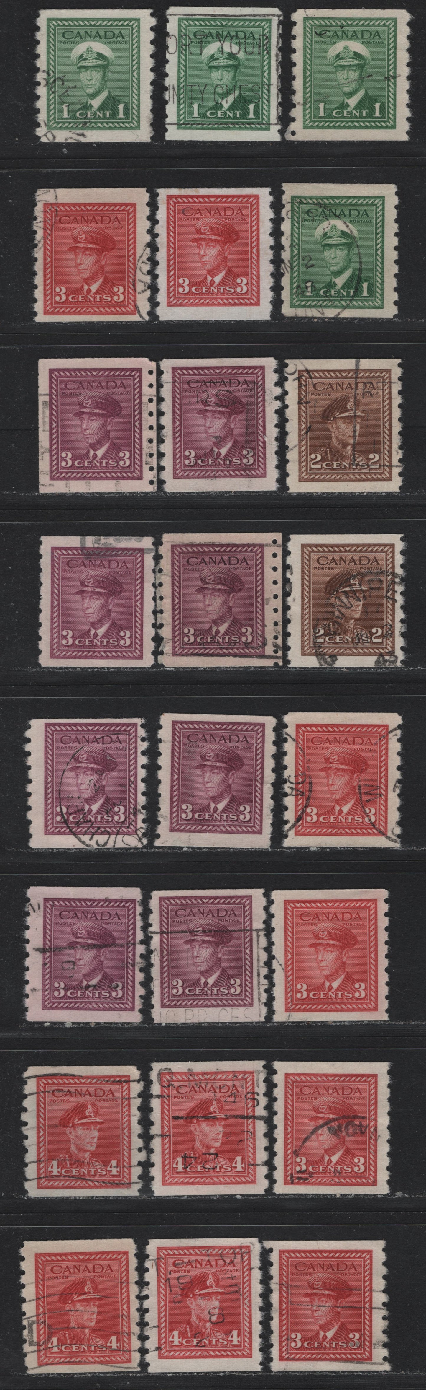 Lot 343 Canada #263- 1c Green-4c Carmine, 1942-1943 King George VI War Issue, 24 F&VF Used Coil Singles On Different Wove Papers As Described