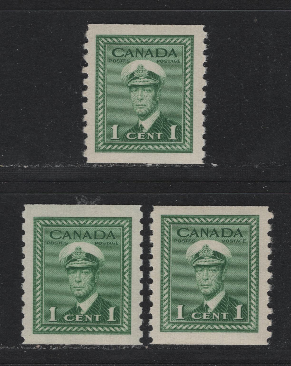 Lot 346 Canada #278 1c, 1948 King George VI War Issue, 3 VFNH Coil Singles Perf 9.5 Vertically, Green On CBN-RRRRRR & Green& Bright Green On CBN-QQQQQQ Papers
