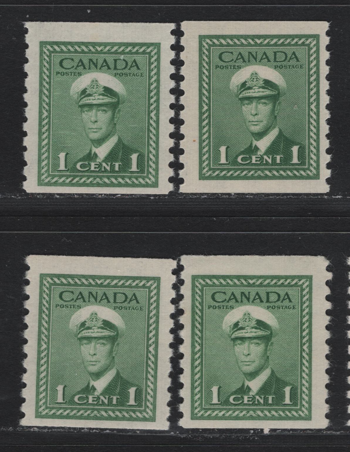 Lot 347 Canada #278 1c Green, 1948 King George VI War Issue, 4 FNH Coil Singles Perf 9.5 Vertically On CBN-RRRRRR,CBN-SSSSSS,CBN-QQQQQQ (2 Shades) Papers