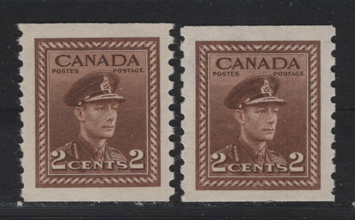 Lot 350 (C) Canada #279 2c, 1948 King George VI War Issue, 2 VFNH Coil Singles Perf 9.5 Vertically, Brown On CBN-RRRRRR & Brighter Brown On CBN-SSSSSS Papers