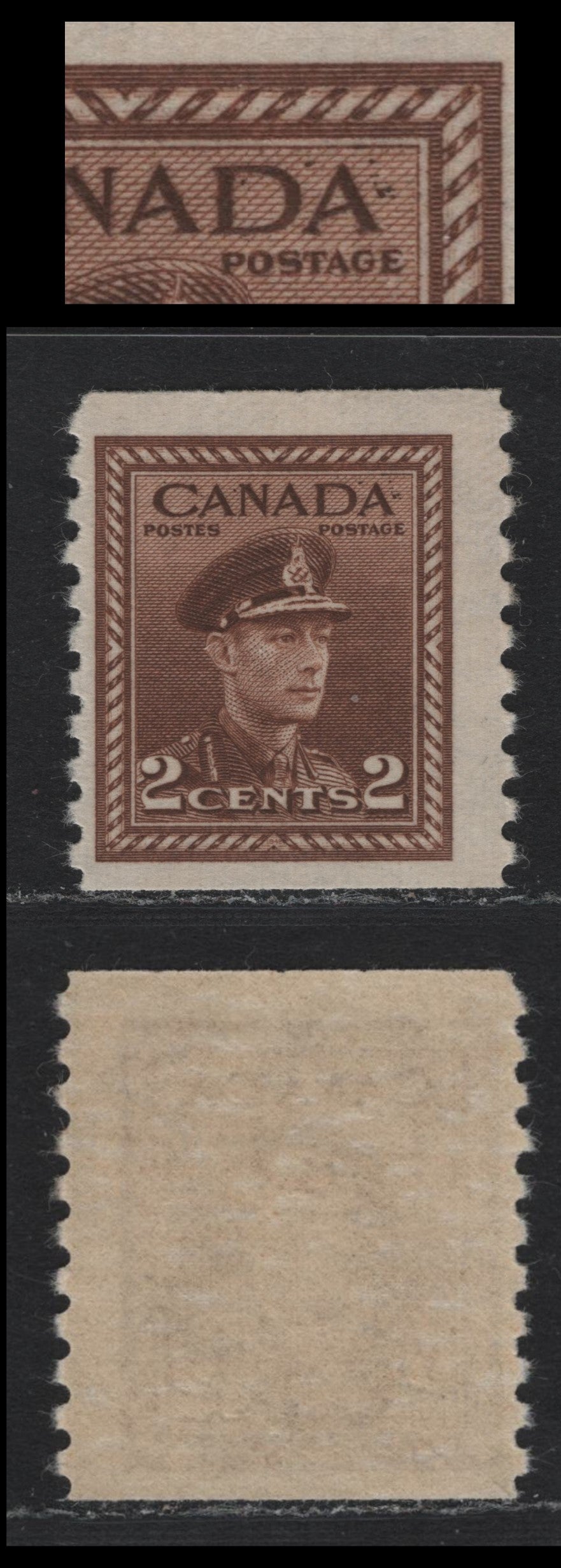 Lot 352 Canada #279 2c Brown, 1948 King George VI War Issue, A FNH Coil Single Perf 9.5 Vertically On CBN-SSSSSS Paper, Showing Errant Ink Spots Arount "ADA" OF Canada