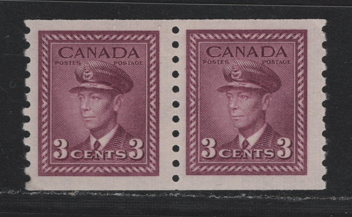 Lot 353 Canada #280 3c Rosy Purple, 1948 King George VI War Issue, A FOG Coil Pair Perf 9.5 Vertically On CBN-RRRRRR Paper
