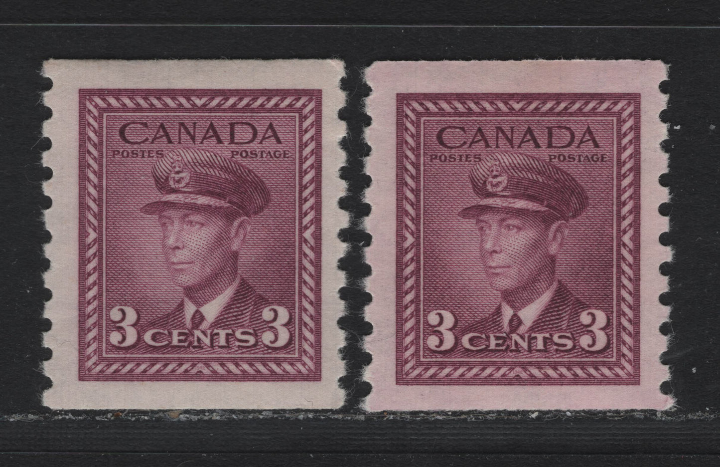Lot 356 (C) Canada #280 3c Rose Violet, 1948 King George VI War Issue, 2 VFOG Coil Singles Perf 9.5 Vertically, On CBN-RRRRRR And CBN-QQQQQQ Papers