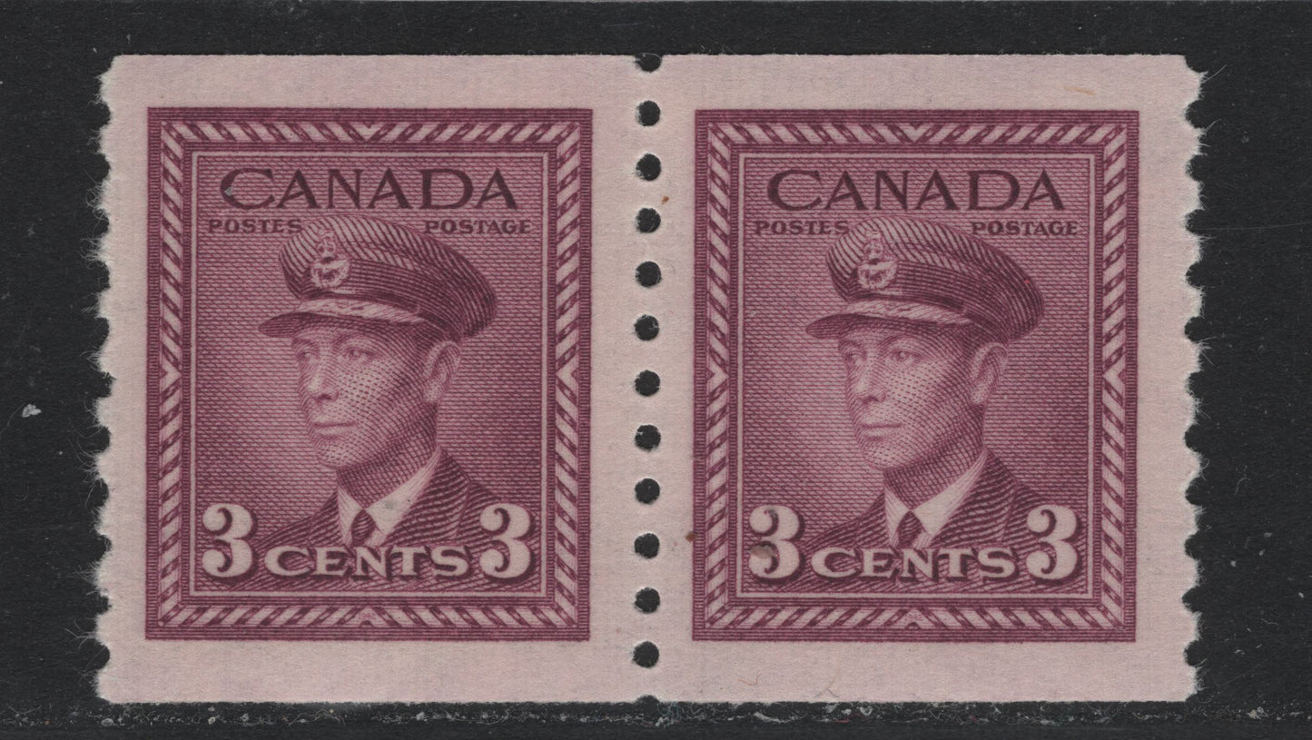 Lot 360 (C) Canada #280 3c Rosy Purple, 1948 King George VI War Issue, A VFNH Coil Pair Perf 9.5 Vertically On CBN-RRRRRR Paper