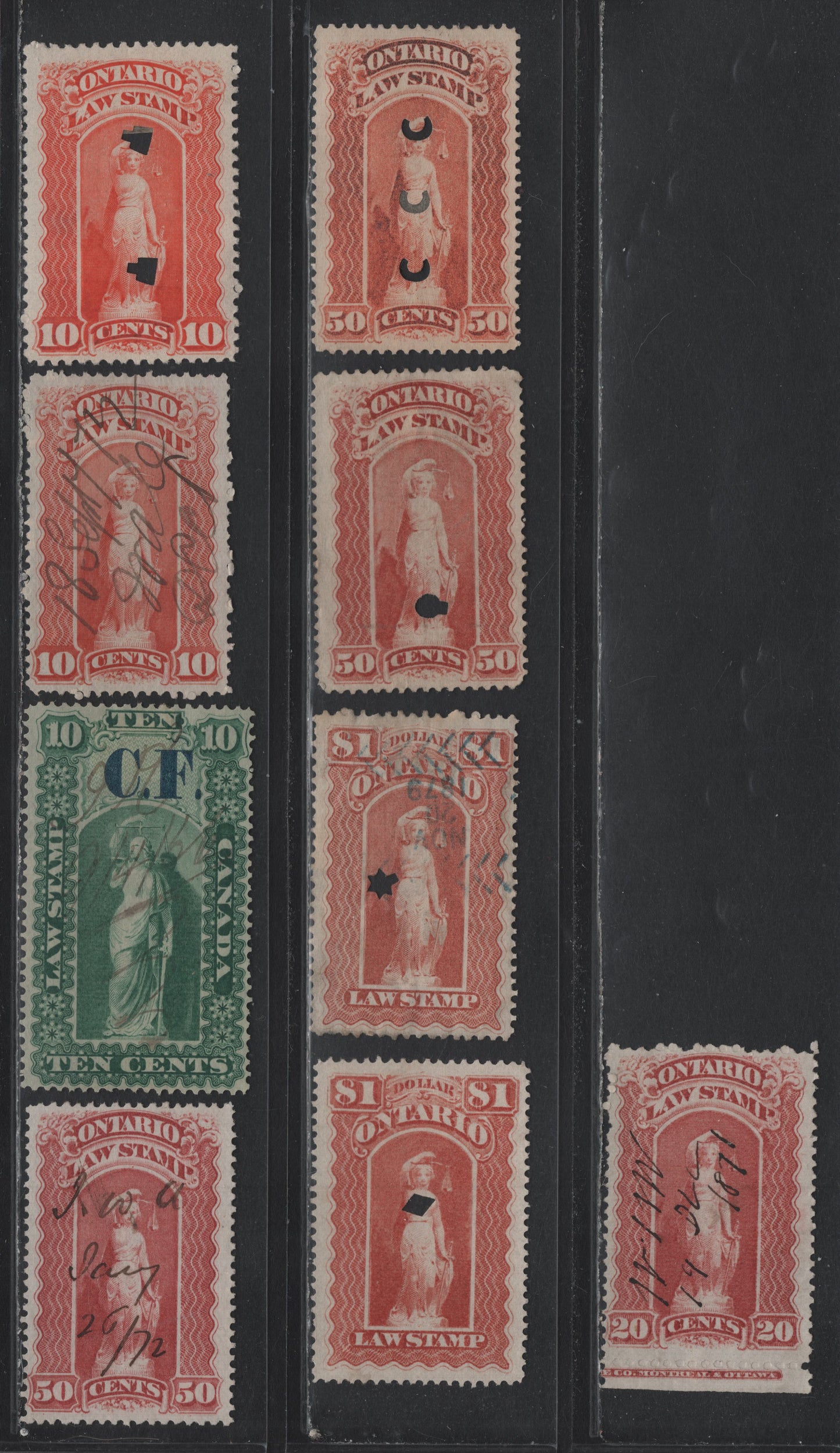 Lot 39 Canada - Ontario Van Dam#OL2, OL47-OL48, OL52, OL57 10c - $1 Green - Red, 1864-1911 Law Stamp Issues, 9 Very Fine Used Singles, Various Shades & Perfs, Also 20c With Imprint