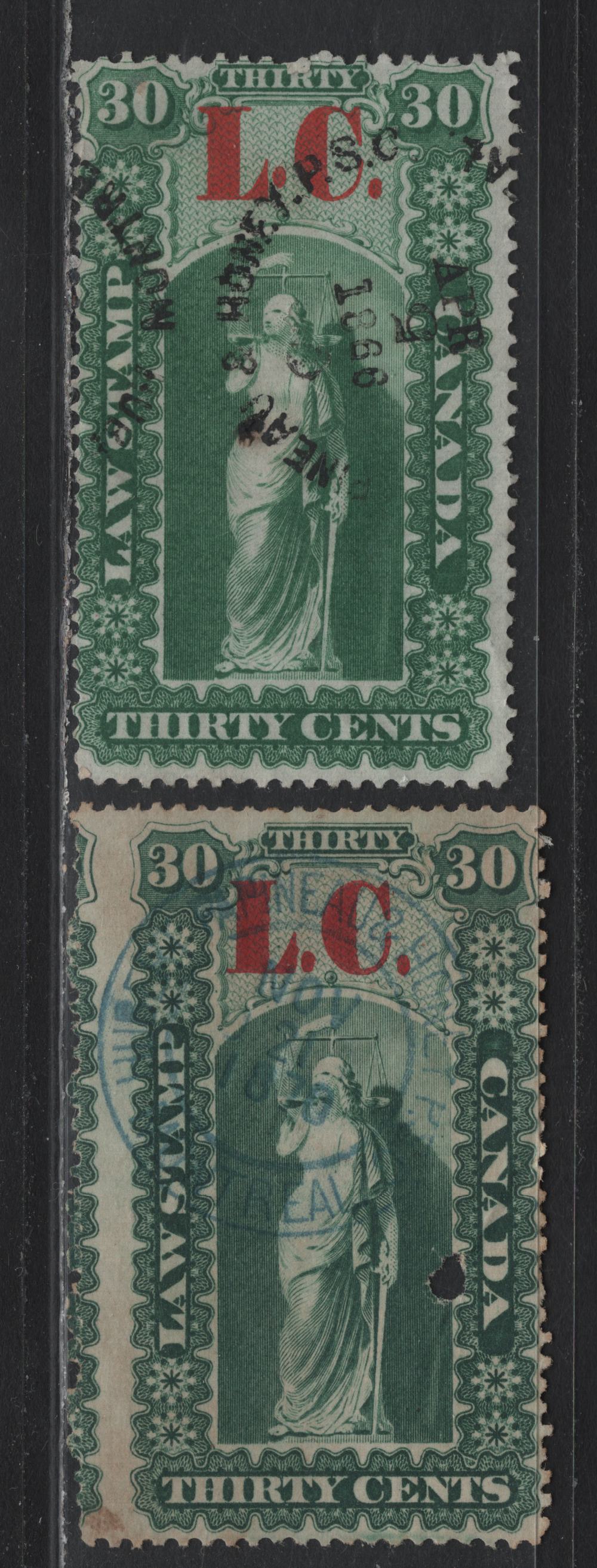Lot 43 Canada - Quebec Van Dam#QL3 30c Dark Green & Carmine - Green & Scarlet, 1864 Law Issue, 2 Fine Used Singles, Normal & Mixed Stops In LC
