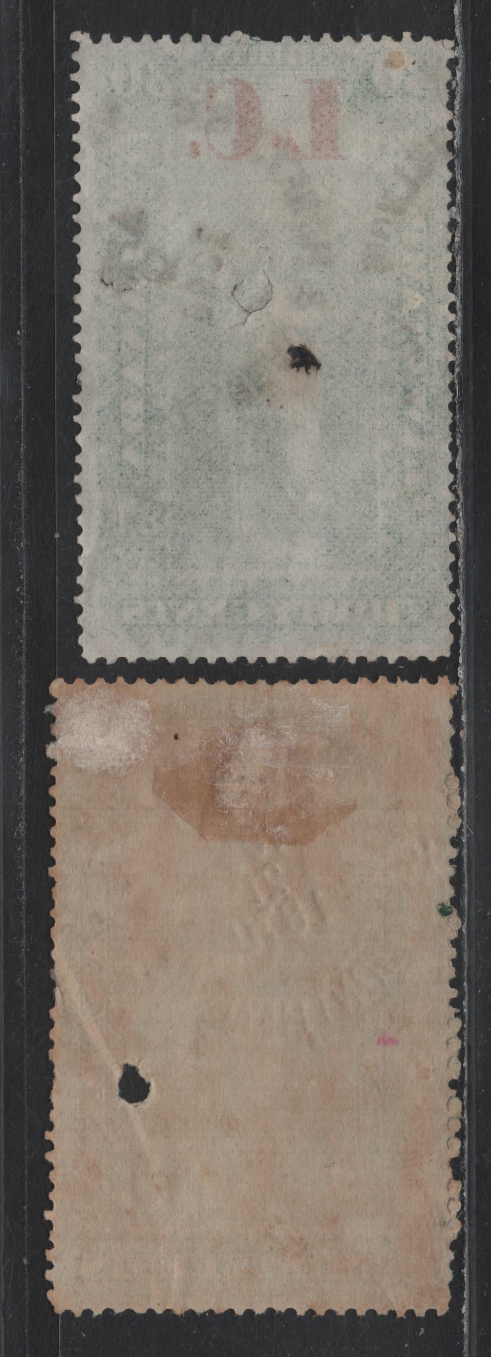 Lot 43 Canada - Quebec Van Dam#QL3 30c Dark Green & Carmine - Green & Scarlet, 1864 Law Issue, 2 Fine Used Singles, Normal & Mixed Stops In LC